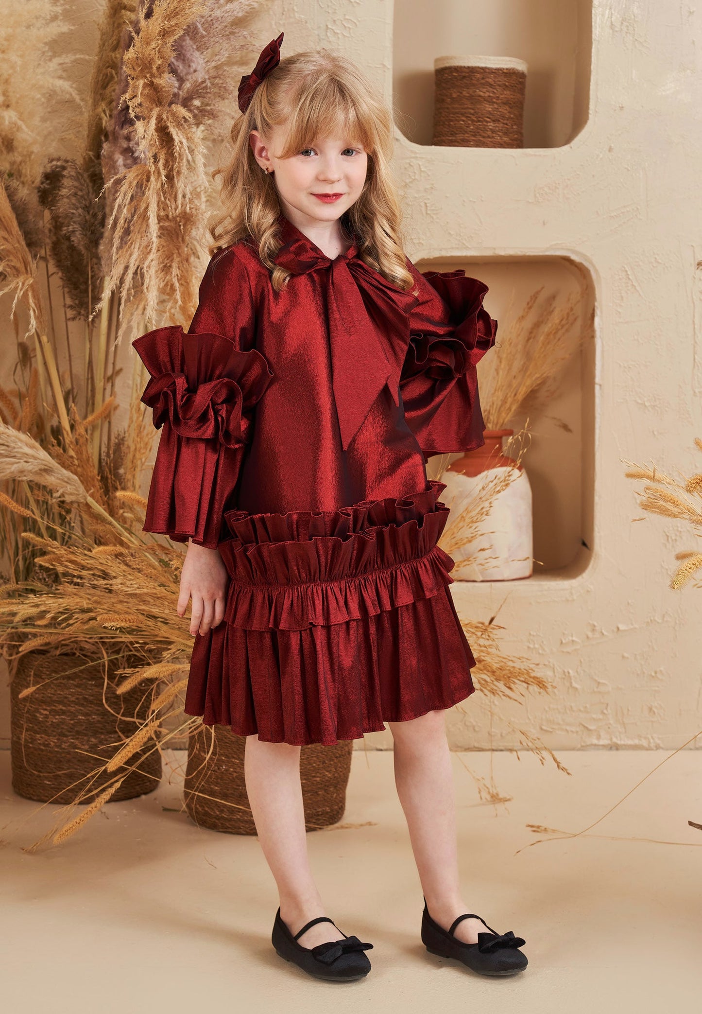 Baby Girl Long Sleeve Polyester Solid Color Column 5 - 12 Ages Special Occasion Dress Burgundy - Unit Price: 40$