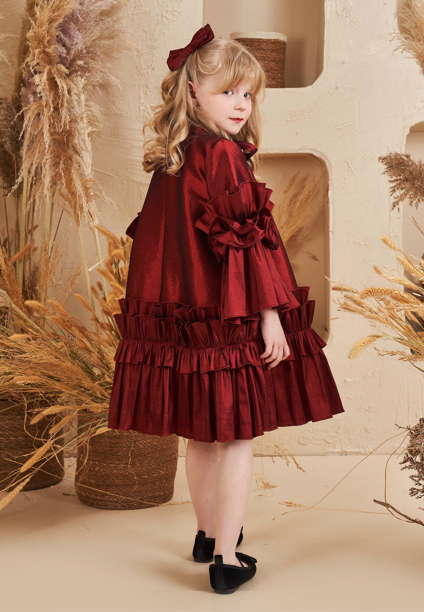 Baby Girl Long Sleeve Polyester Solid Color Column 5 - 12 Ages Special Occasion Dress Burgundy - Unit Price: 40$