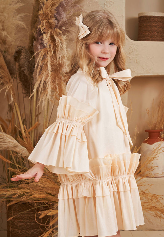 Baby Girl Long Sleeve Polyester Solid Color Column 5 - 12 Ages Special Occasion Dress Ecru - Unit Price: 40$