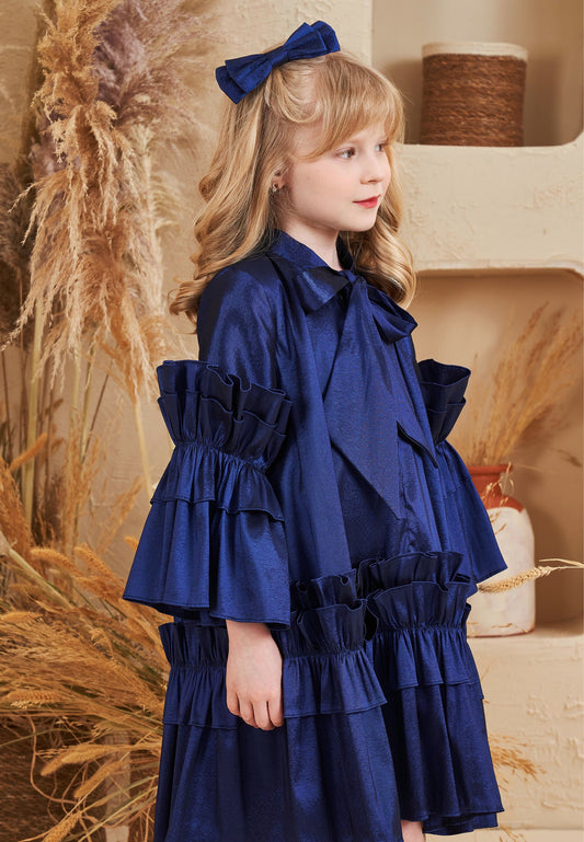 Baby Girl Long Sleeve Polyester Solid Color Column 5 - 12 Ages Special Occasion Dress Navy - Unit Price: 40$