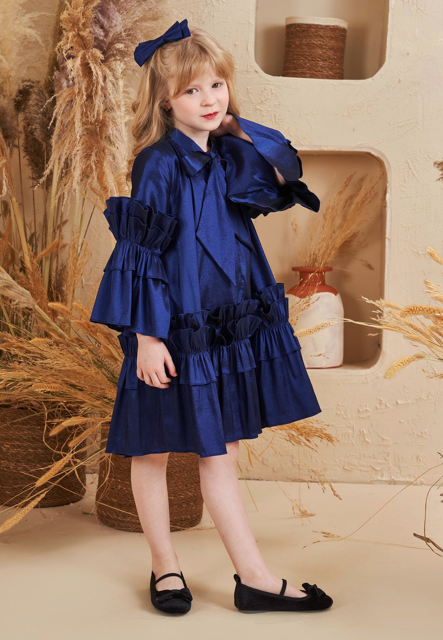 Baby Girl Long Sleeve Polyester Solid Color Column 5 - 12 Ages Special Occasion Dress Navy - Unit Price: 40$