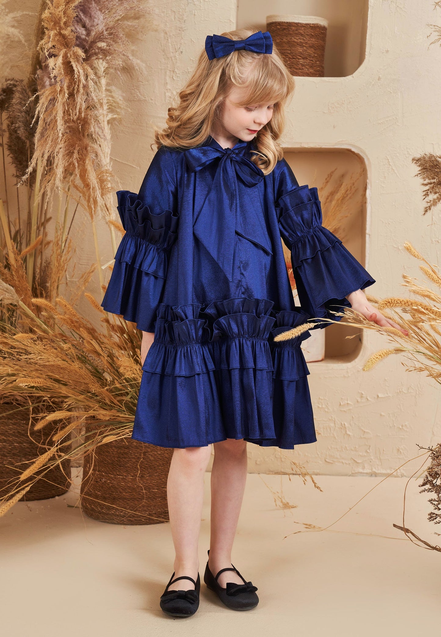 Baby Girl Long Sleeve Polyester Solid Color Column 5 - 12 Ages Special Occasion Dress Navy - Unit Price: 40$