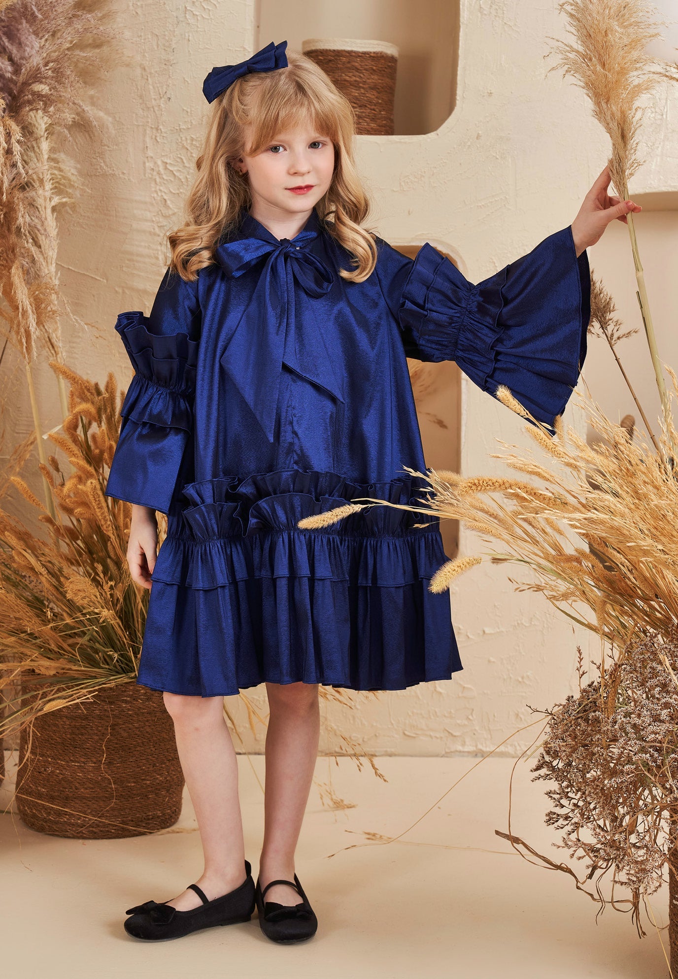 Baby Girl Long Sleeve Polyester Solid Color Column 5 - 12 Ages Special Occasion Dress Navy - Unit Price: 40$