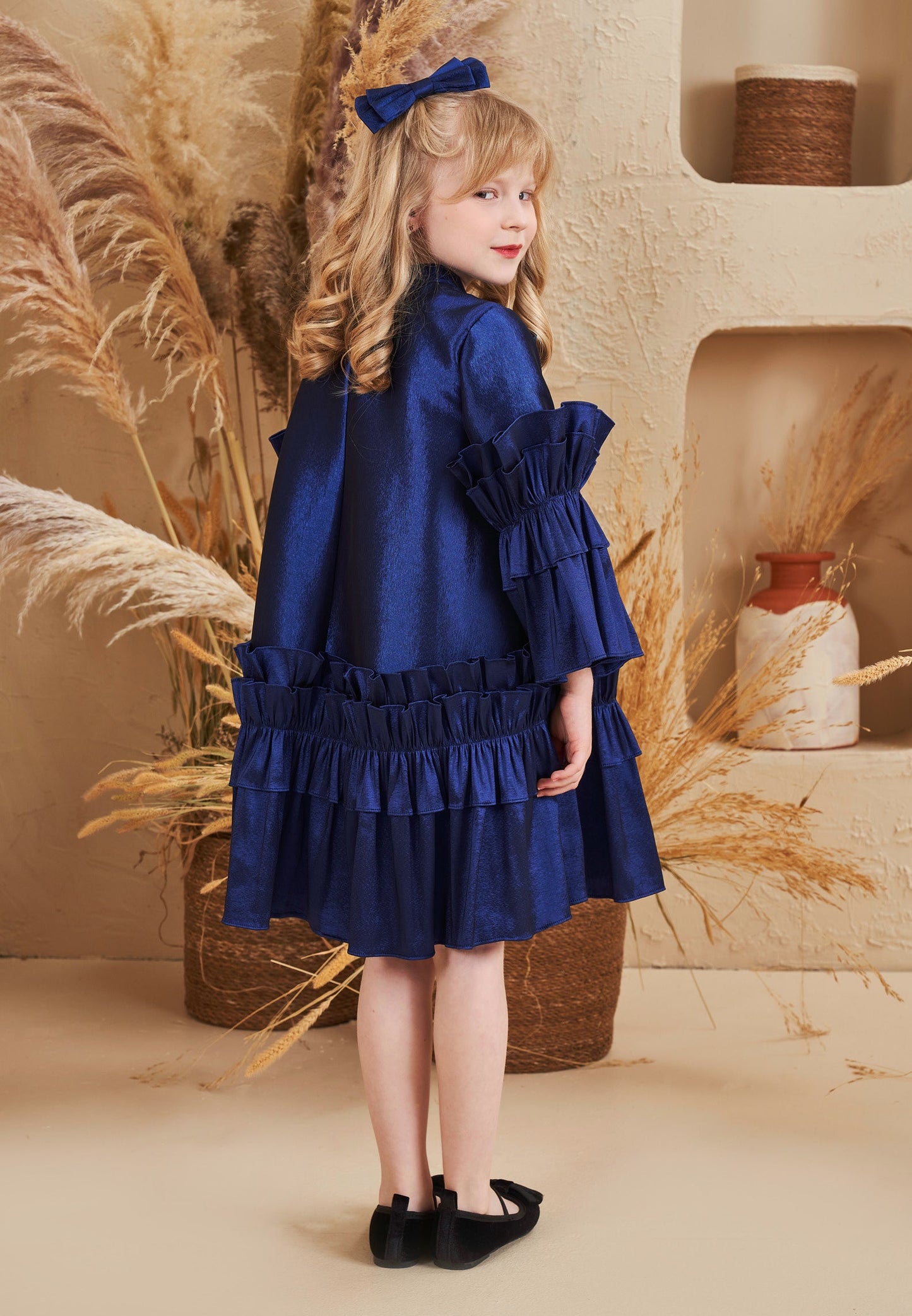 Baby Girl Long Sleeve Polyester Solid Color Column 5 - 12 Ages Special Occasion Dress Navy - Unit Price: 40$