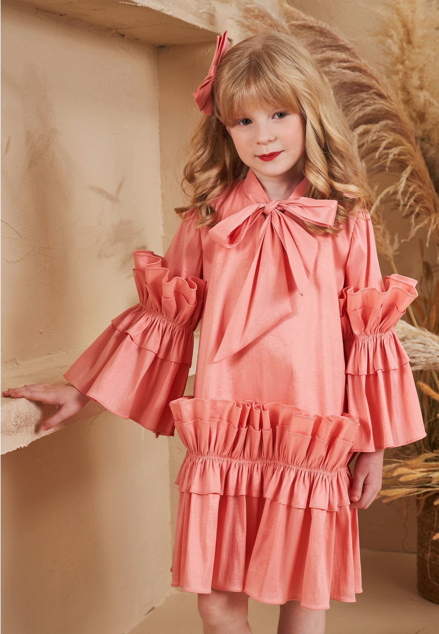 Baby Girl Long Sleeve Polyester Solid Color Column 5 - 12 Ages Special Occasion Dress Pink - Unit Price: 40$