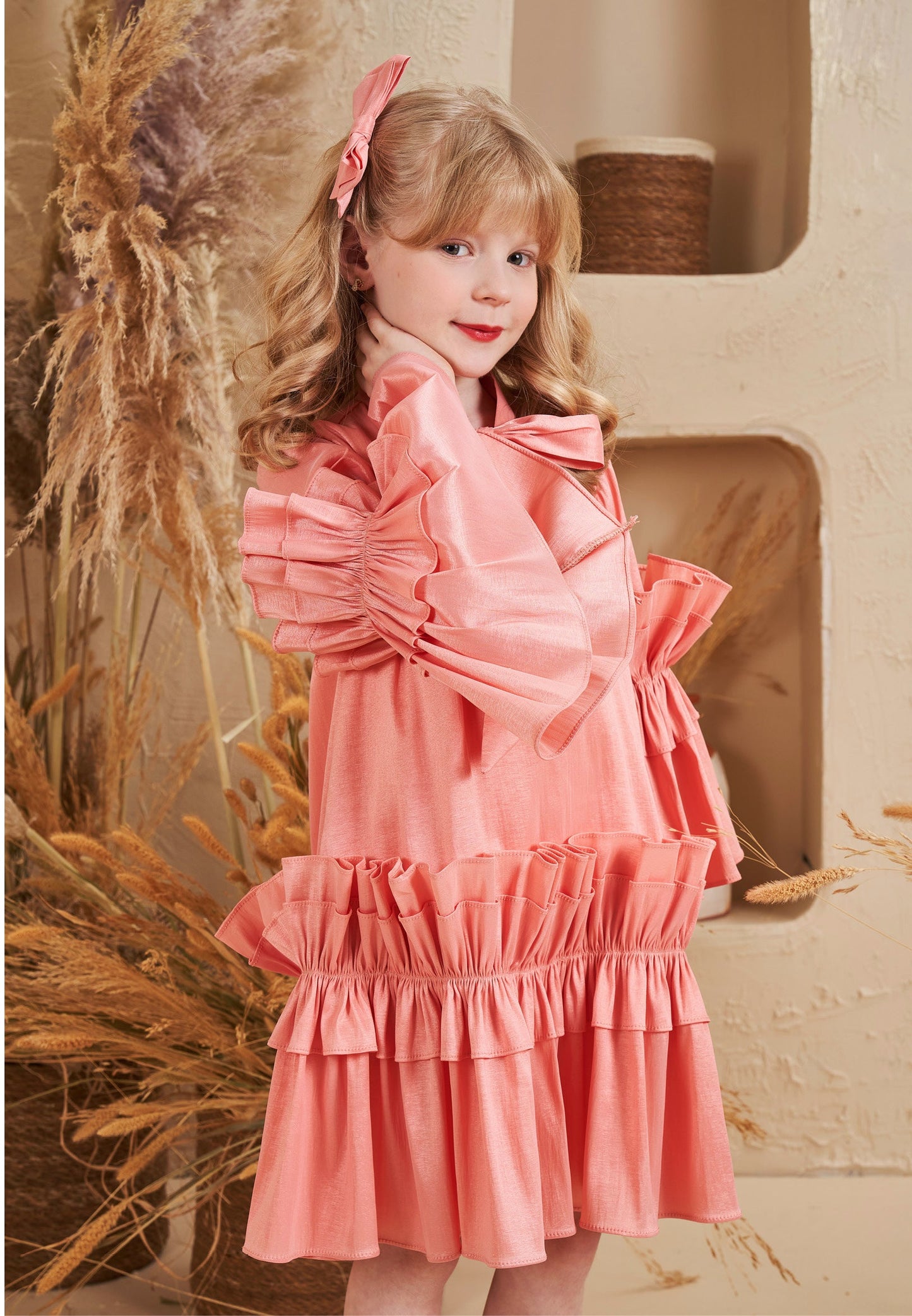 Baby Girl Long Sleeve Polyester Solid Color Column 5 - 12 Ages Special Occasion Dress Pink - Unit Price: 40$