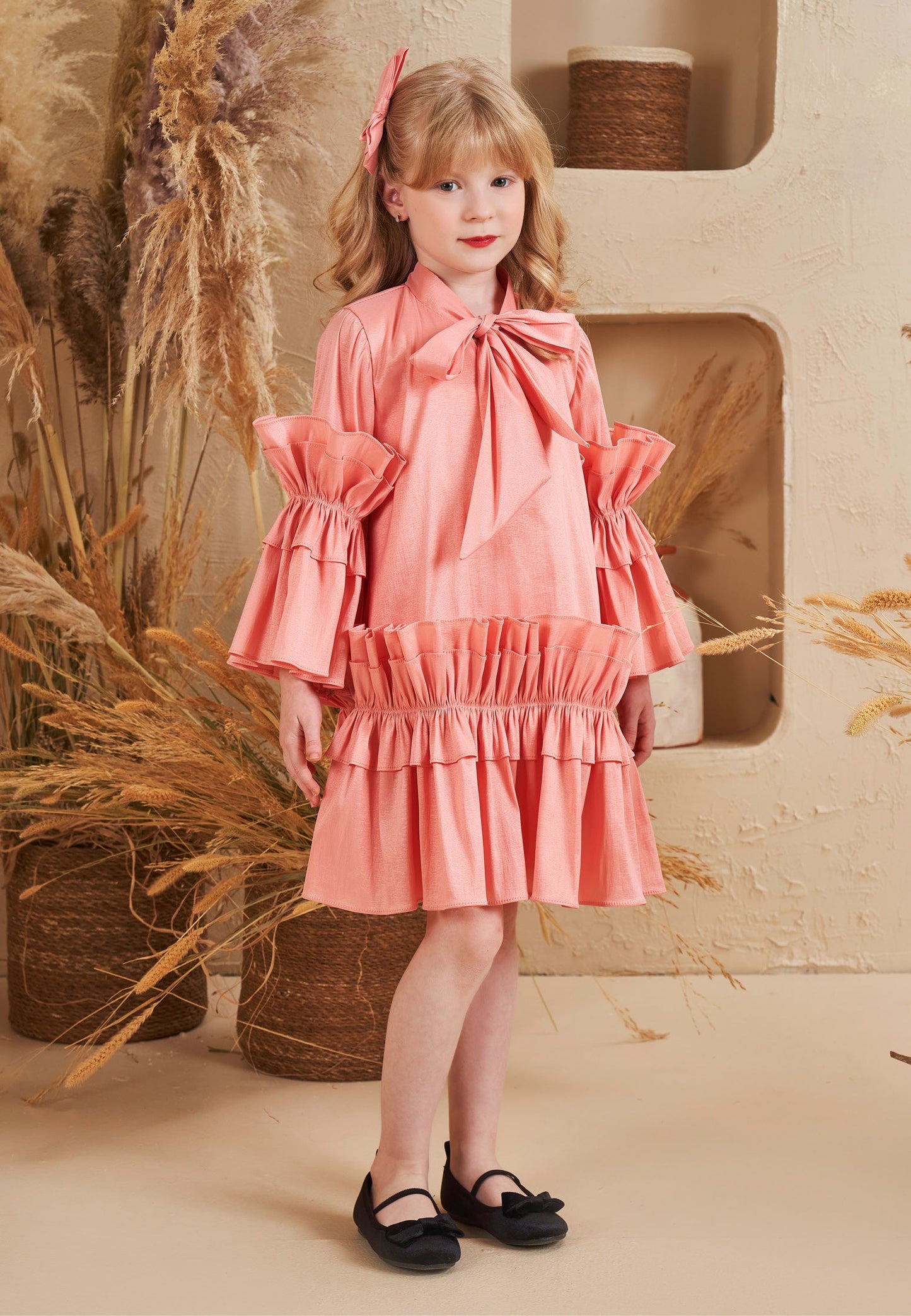 Baby Girl Long Sleeve Polyester Solid Color Column 5 - 12 Ages Special Occasion Dress Pink - Unit Price: 40$