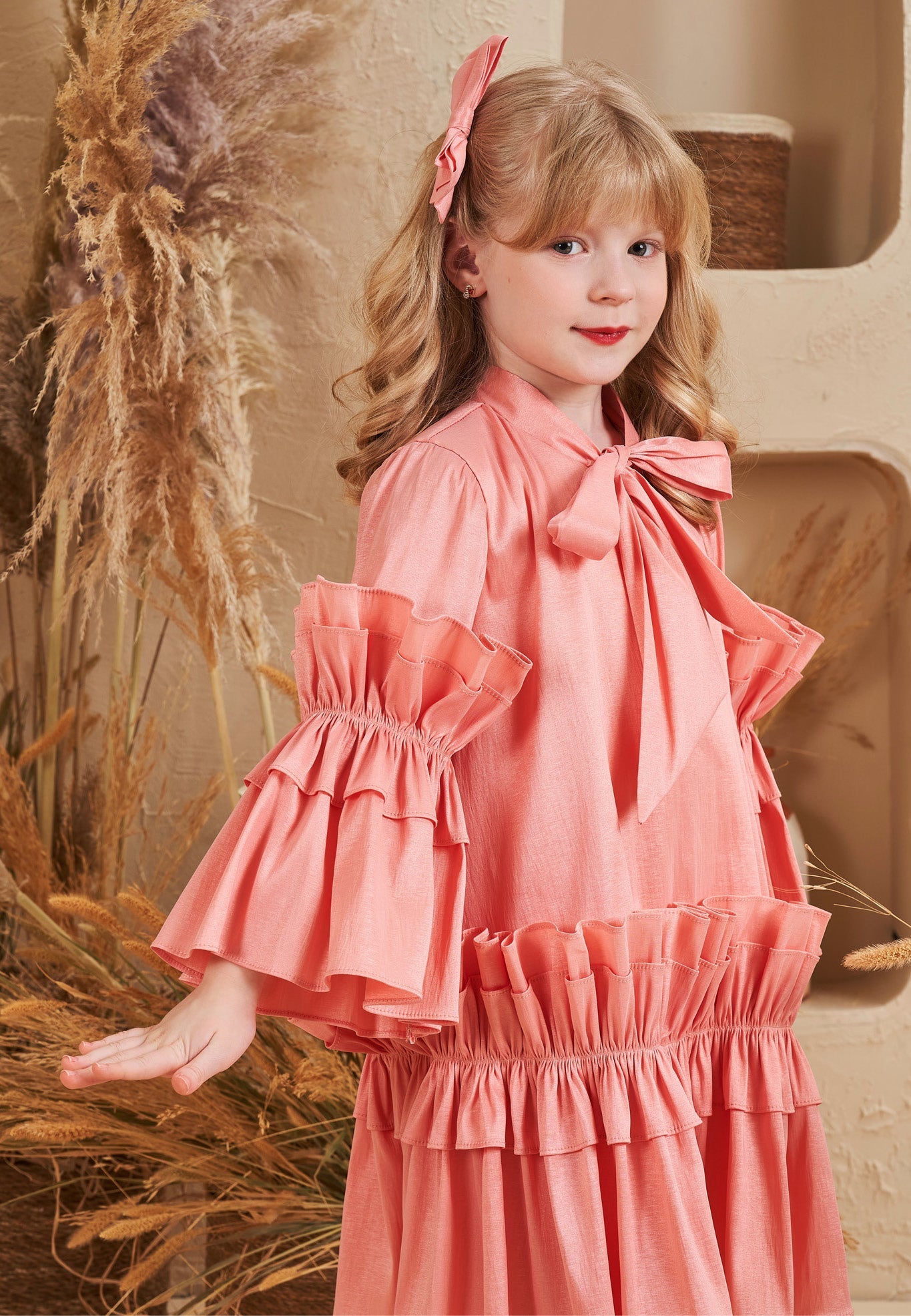 Baby Girl Long Sleeve Polyester Solid Color Column 5 - 12 Ages Special Occasion Dress Pink - Unit Price: 40$