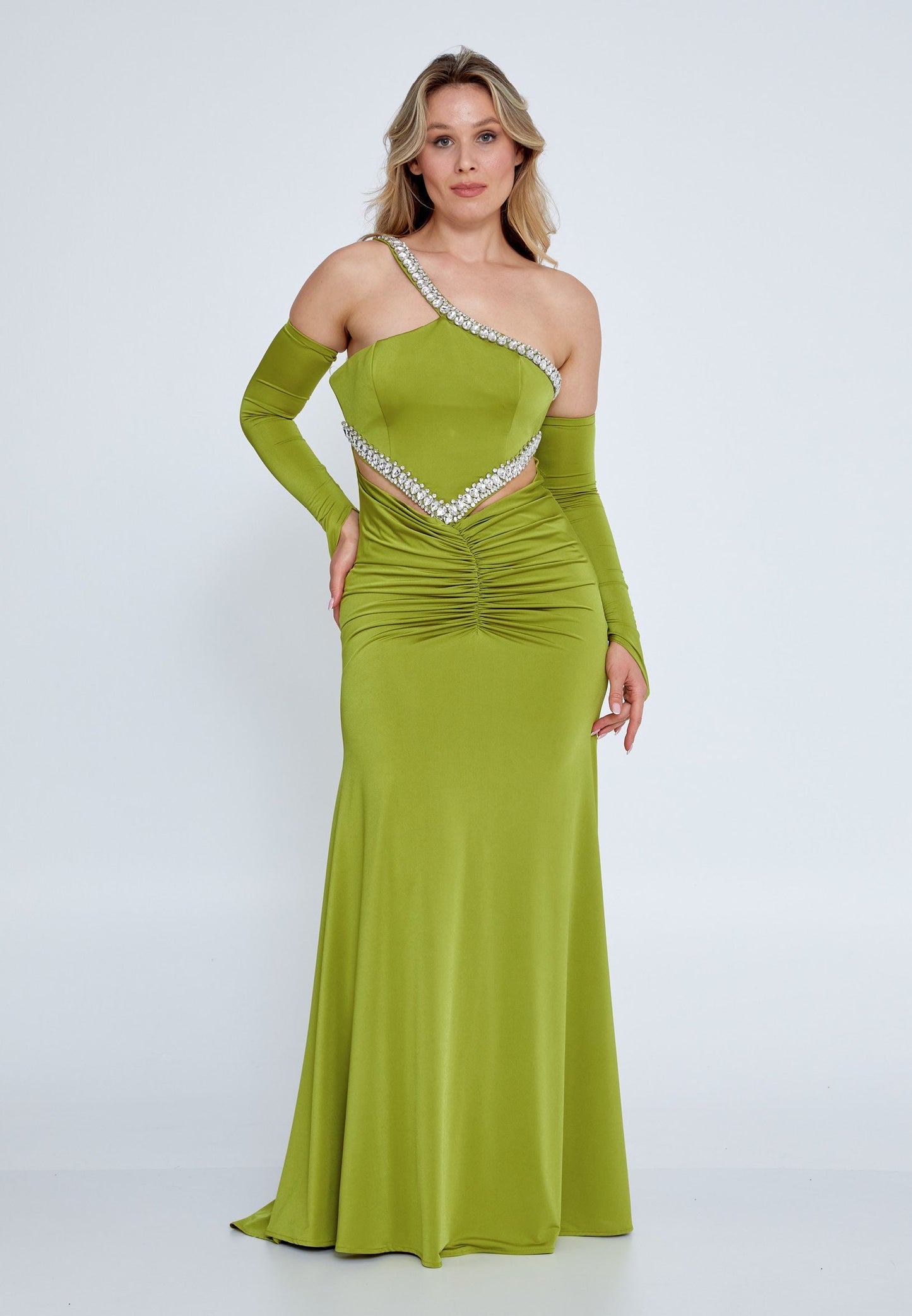 Off Shoulder Maxi Lycra Mermaid Plus Size Wedding Guest Dress Pistachio Green - Unit Price: 94$