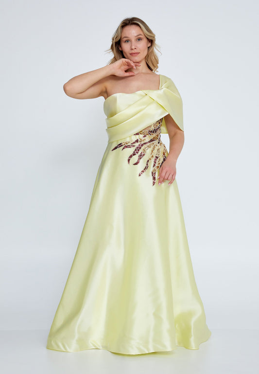 One Shoulder Maxi Tulle A - Line Plus Size Wedding Guest Dress Yellow - Unit Price: 85$