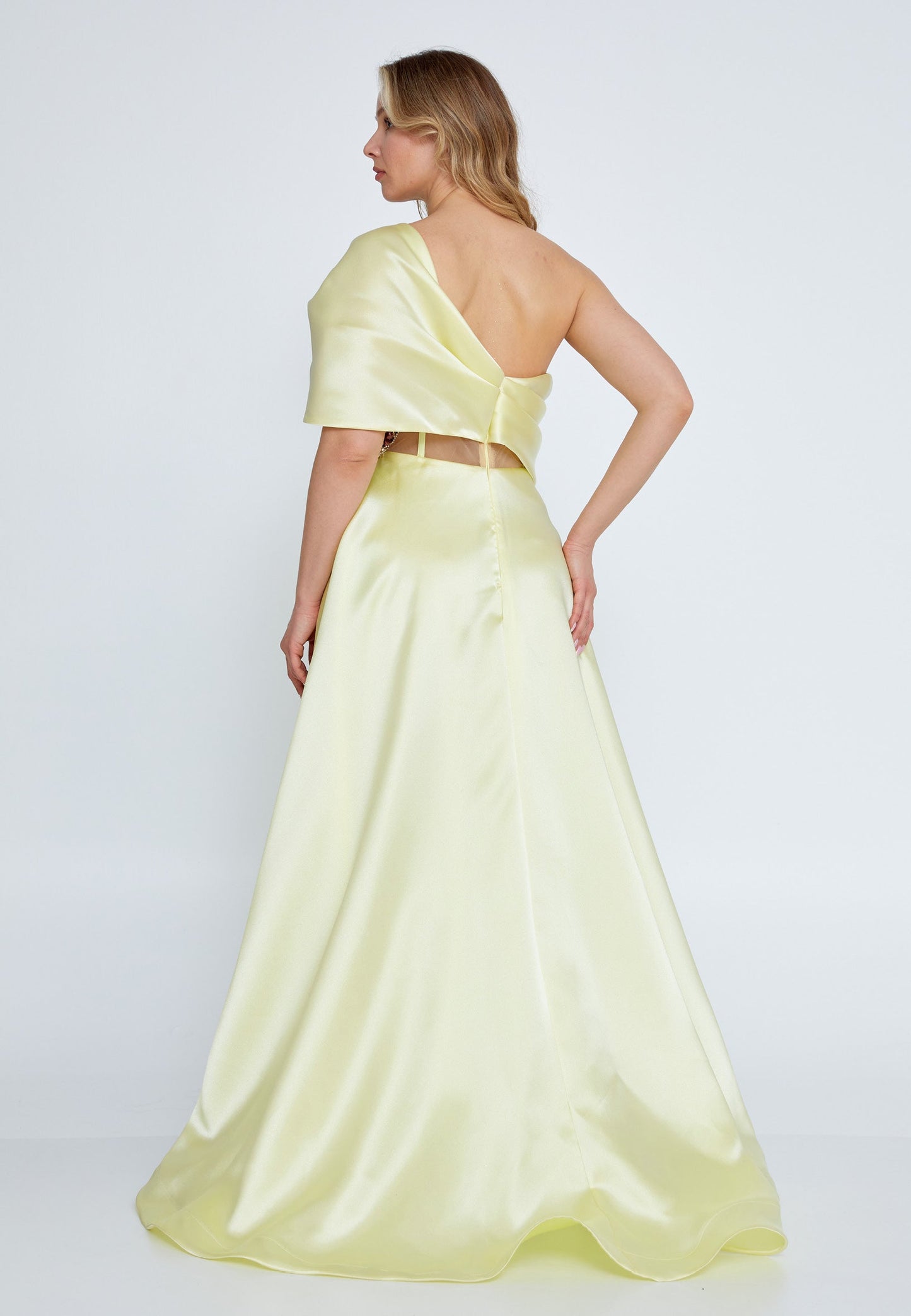 One Shoulder Maxi Tulle A - Line Plus Size Wedding Guest Dress Yellow - Unit Price: 85$