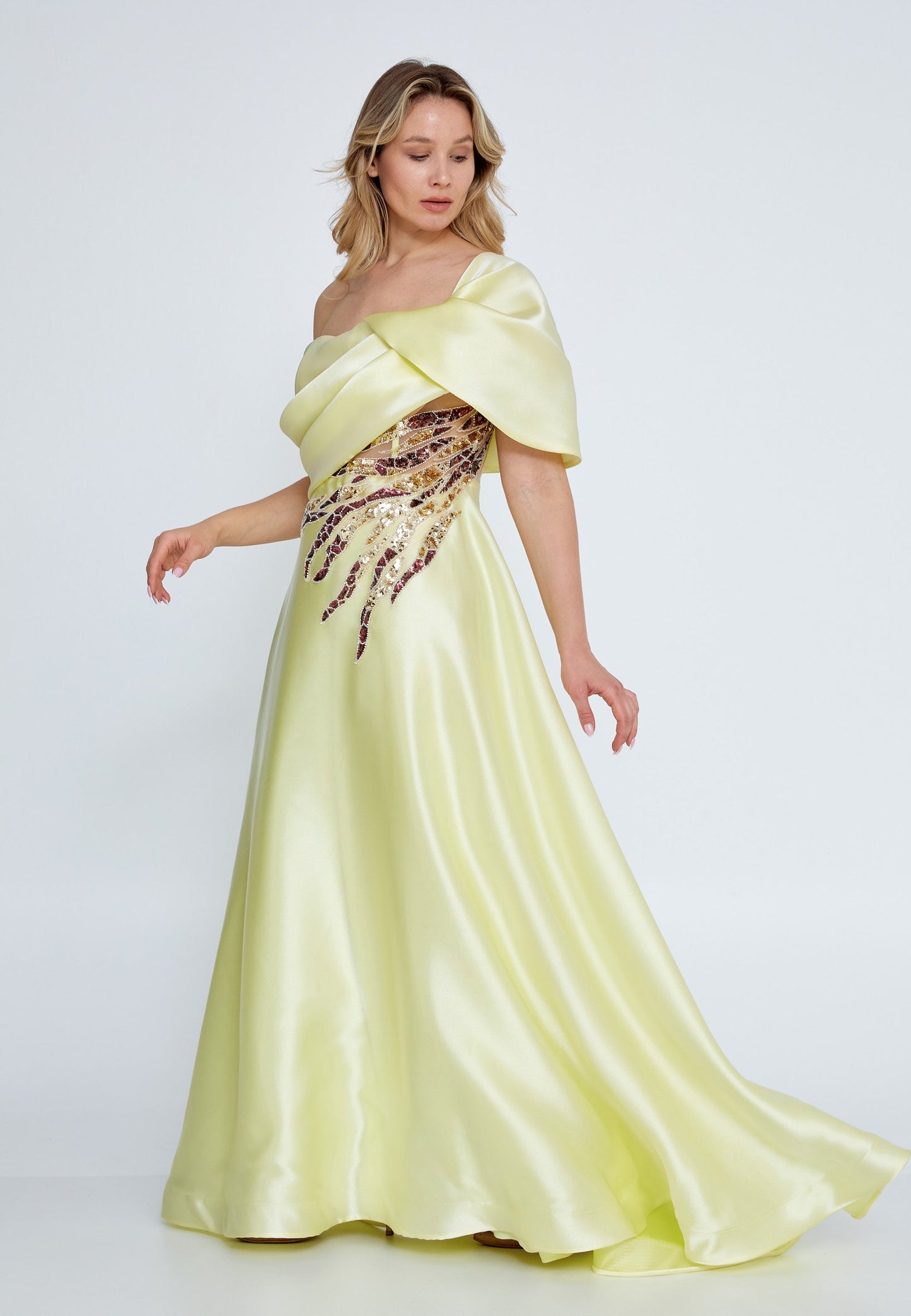 One Shoulder Maxi Tulle A - Line Plus Size Wedding Guest Dress Yellow - Unit Price: 85$