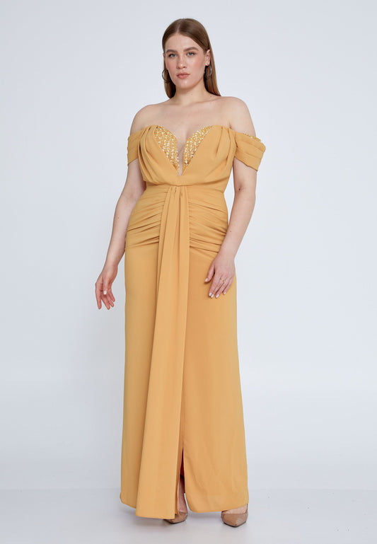 Off Shoulder Maxi Viscose Column Plus Size Wedding Guest Dress Yellow - Unit Price: 72$