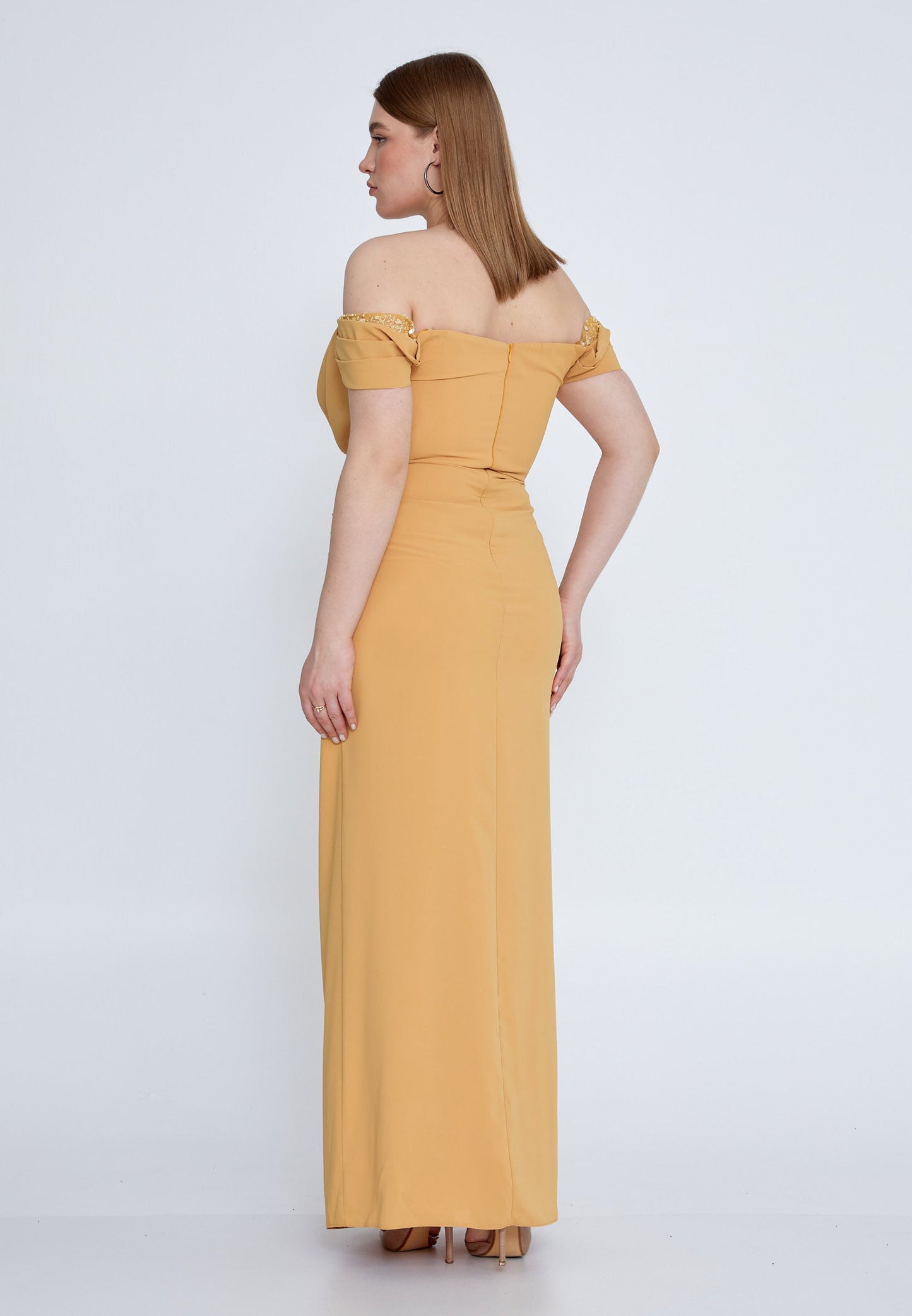 Off Shoulder Maxi Viscose Column Plus Size Wedding Guest Dress Yellow - Unit Price: 72$