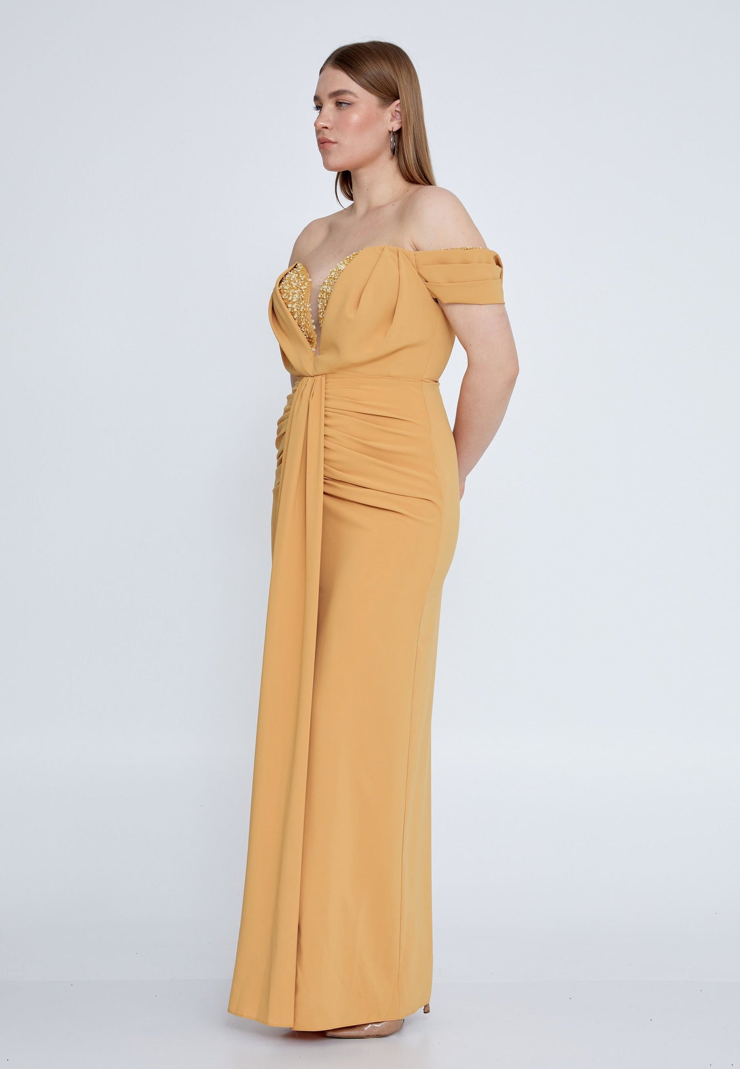 Off Shoulder Maxi Viscose Column Plus Size Wedding Guest Dress Yellow - Unit Price: 72$