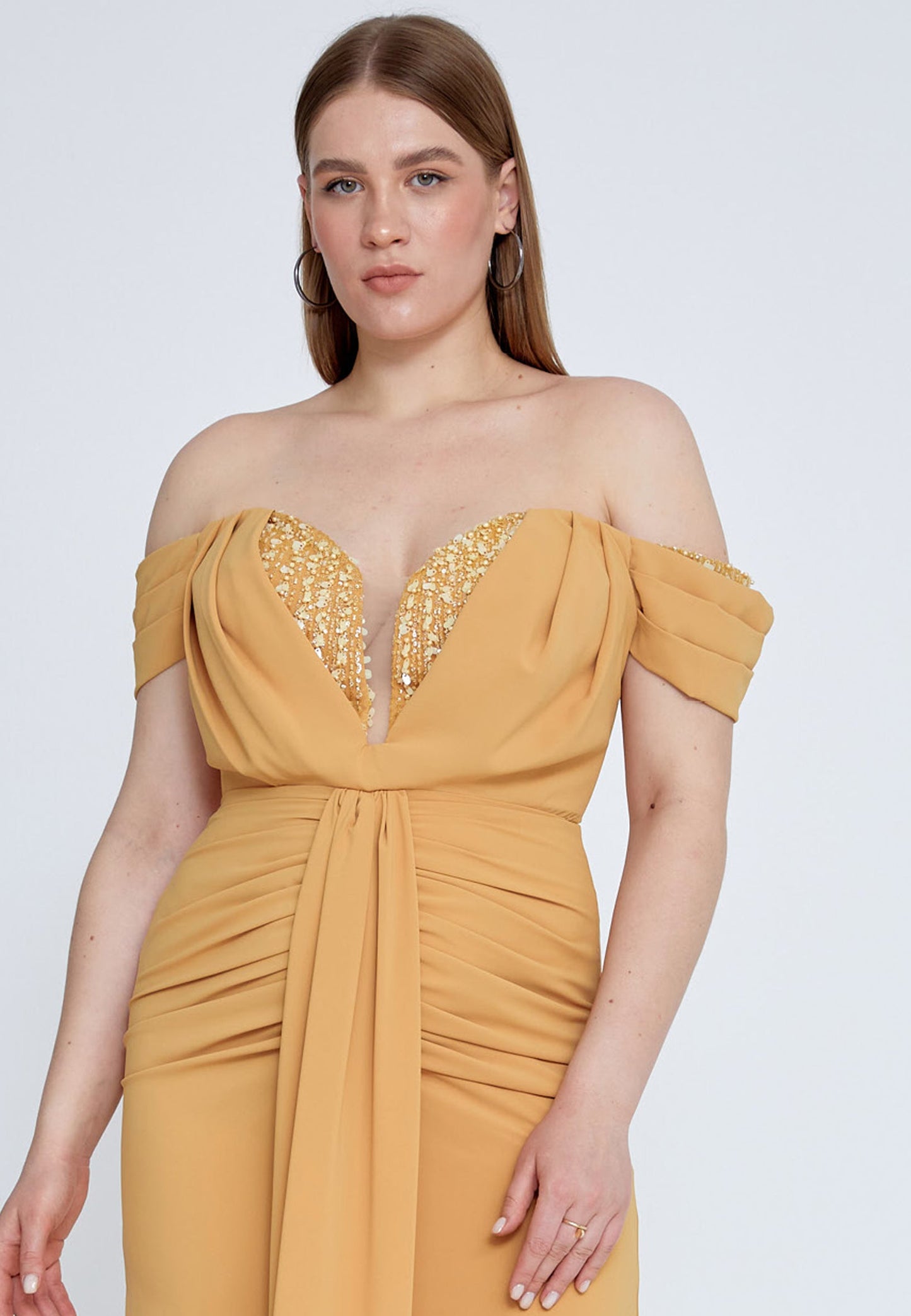 Off Shoulder Maxi Viscose Column Plus Size Wedding Guest Dress Yellow - Unit Price: 72$