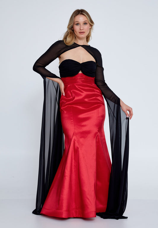 Long Sleeve Maxi Polyester Fit & Flare Plus Size Wedding Guest Dress Red-Black - Unit Price: 91$