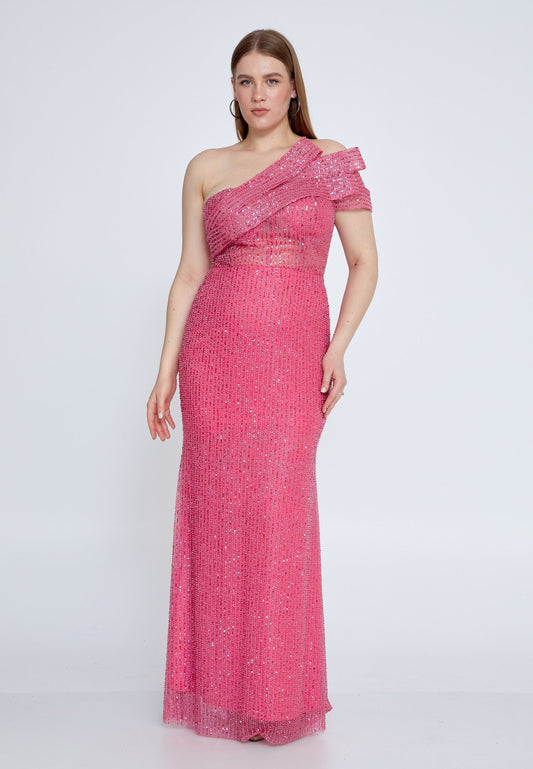 One Shoulder Maxi Tulle Mermaid Plus Size Wedding Guest Dress Pink - Unit Price: 133$