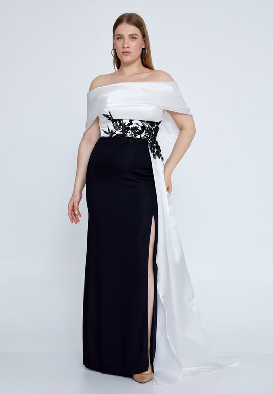 Off Shoulder Maxi Viscose Mermaid Plus Size Wedding Guest Dress Black-White - Unit Price: 124$