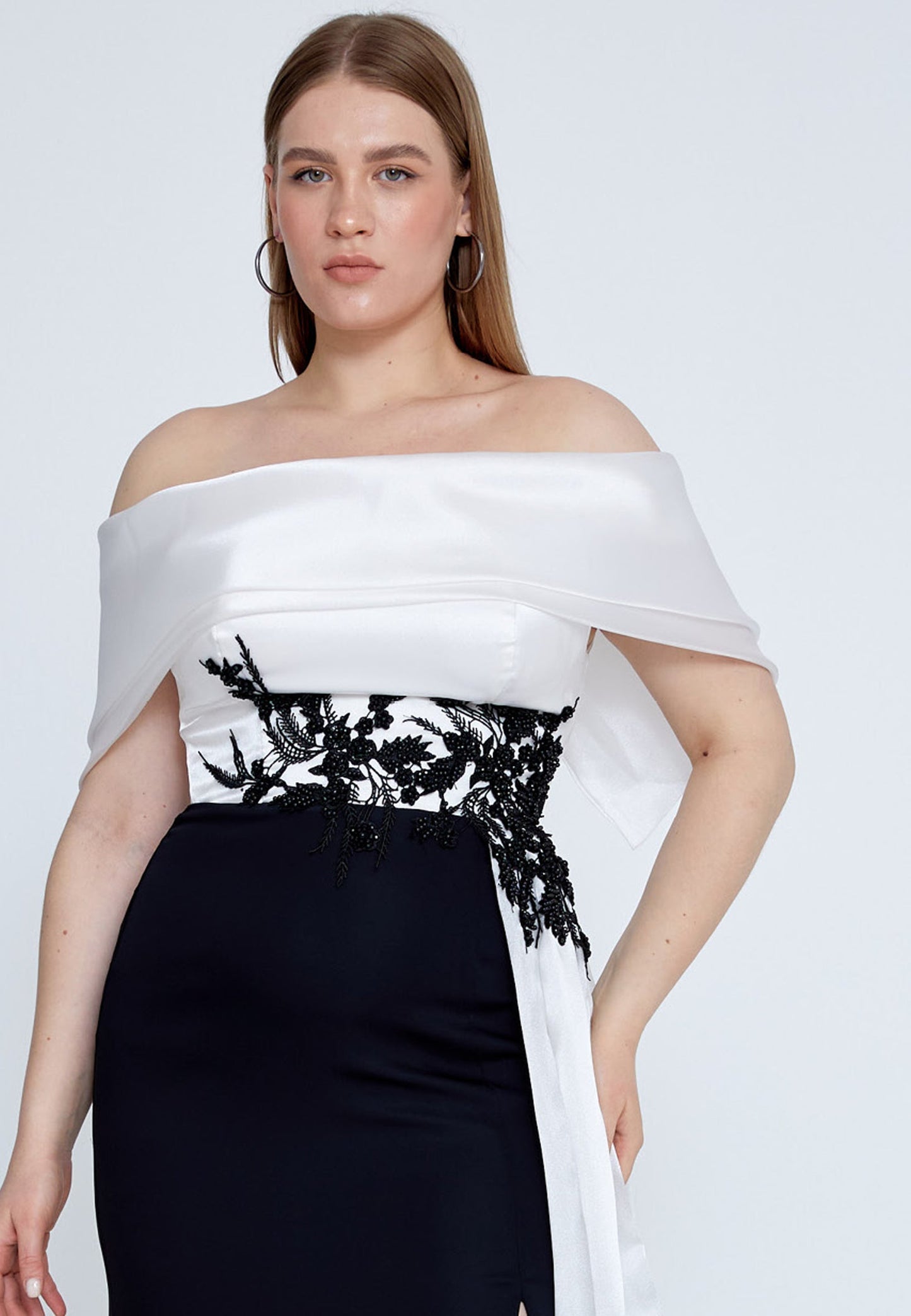 Off Shoulder Maxi Viscose Mermaid Plus Size Wedding Guest Dress Black-White - Unit Price: 124$