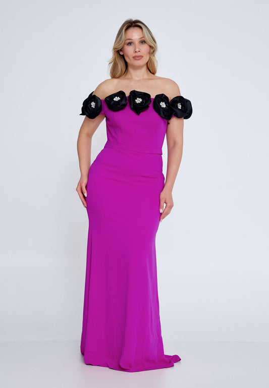 Off Shoulder Maxi Viscose Mermaid Plus Size Wedding Guest Dress Fuchsia-Black - Unit Price: 121$