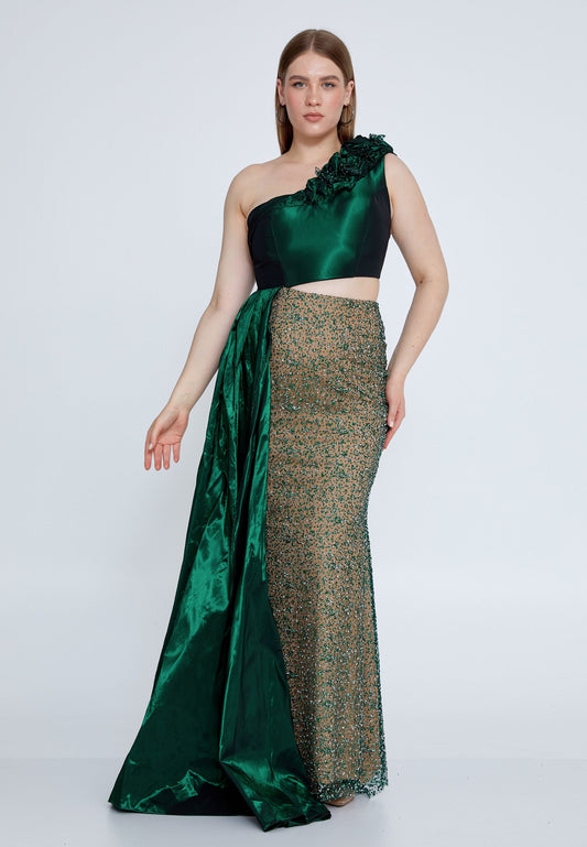 One Shoulder Maxi Tulle Mermaid Plus Size Wedding Guest Dress Emerald Green - Unit Price: 120$