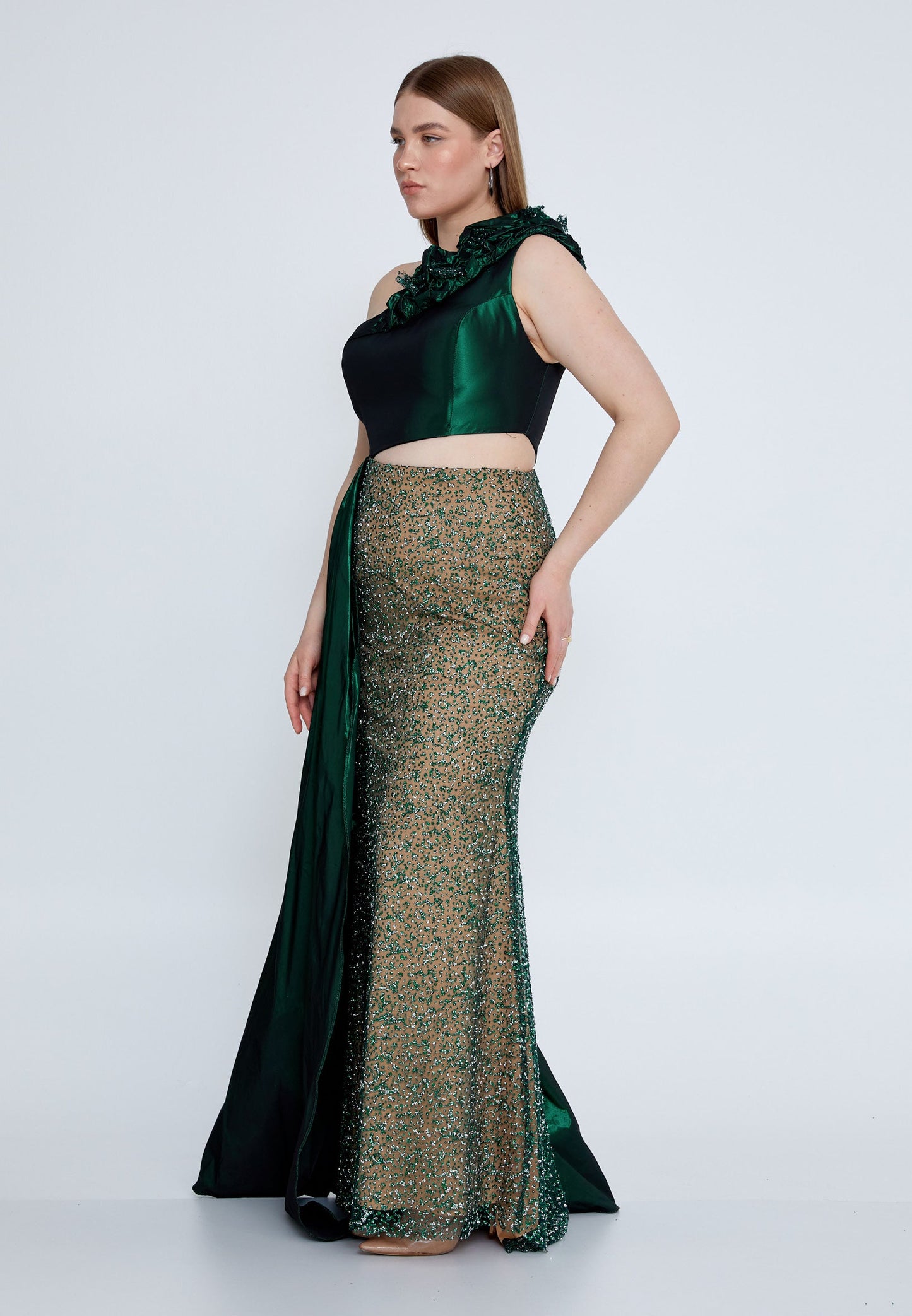 One Shoulder Maxi Tulle Mermaid Plus Size Wedding Guest Dress Emerald Green - Unit Price: 120$