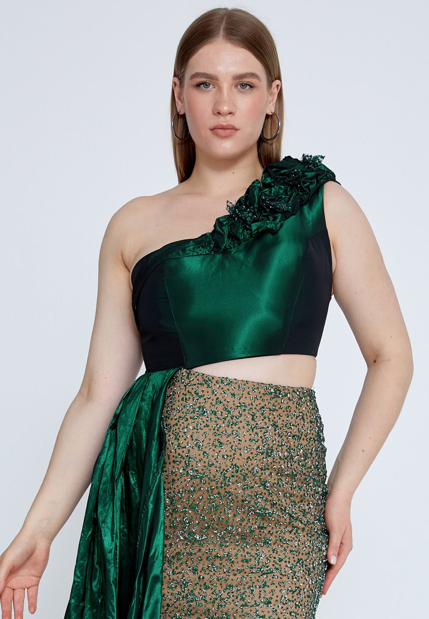 One Shoulder Maxi Tulle Mermaid Plus Size Wedding Guest Dress Emerald Green - Unit Price: 120$