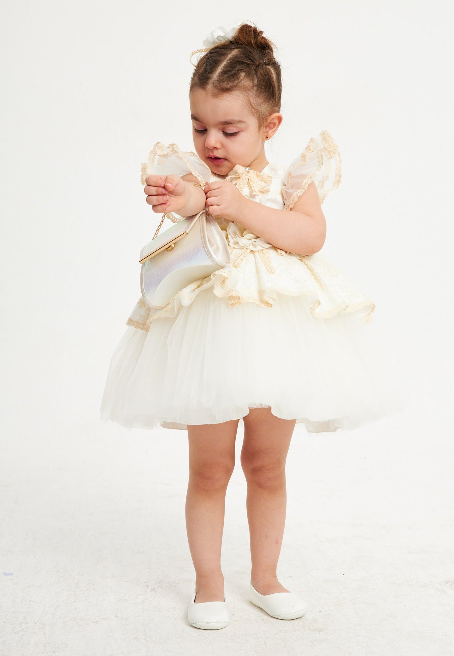 Baby Girl Short Sleeve Tulle Patterned A - Line 1 - 5 Ages Special Occasion Dress Ecru - Unit Price: 41$