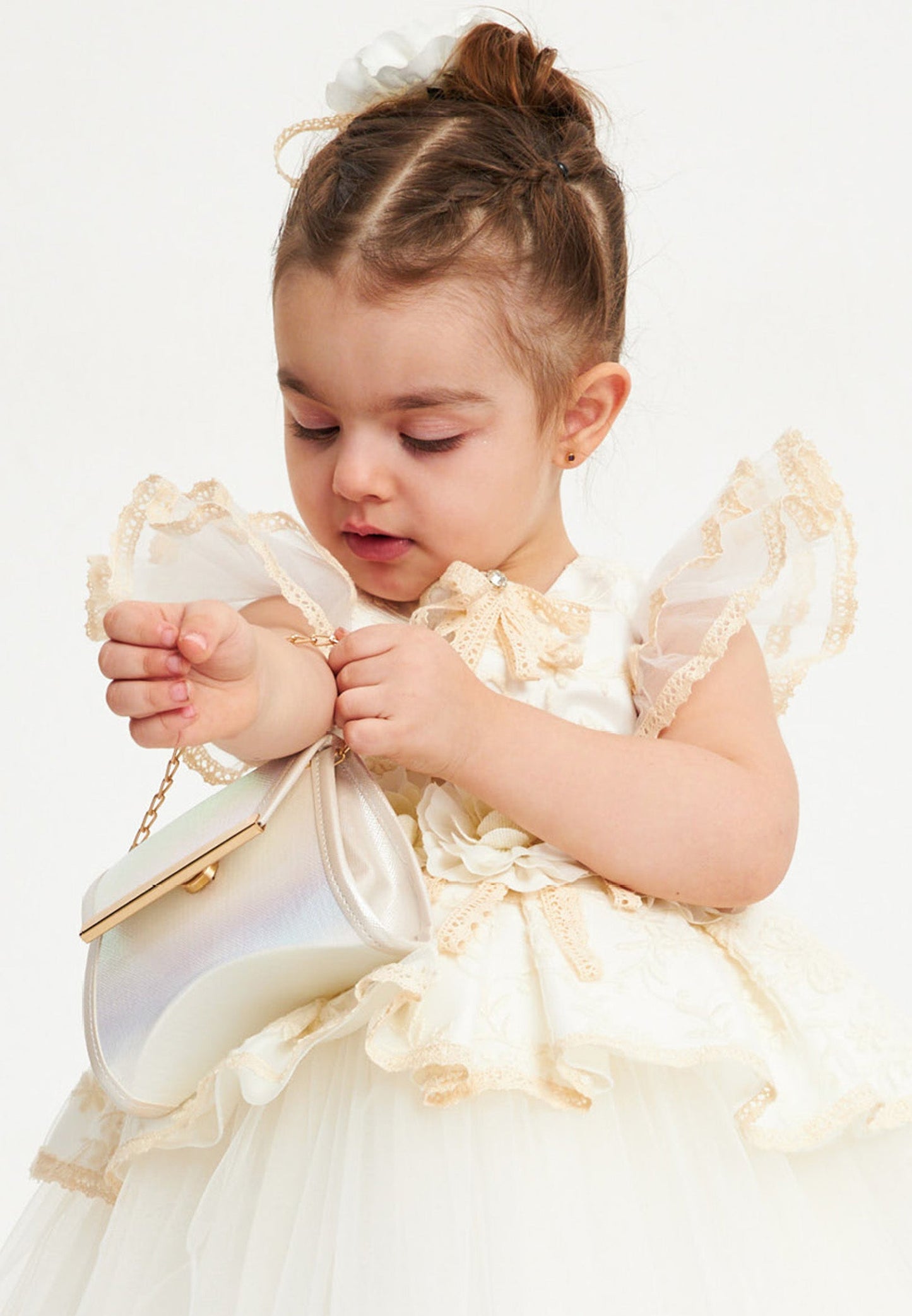 Baby Girl Short Sleeve Tulle Patterned A - Line 1 - 5 Ages Special Occasion Dress Ecru - Unit Price: 41$