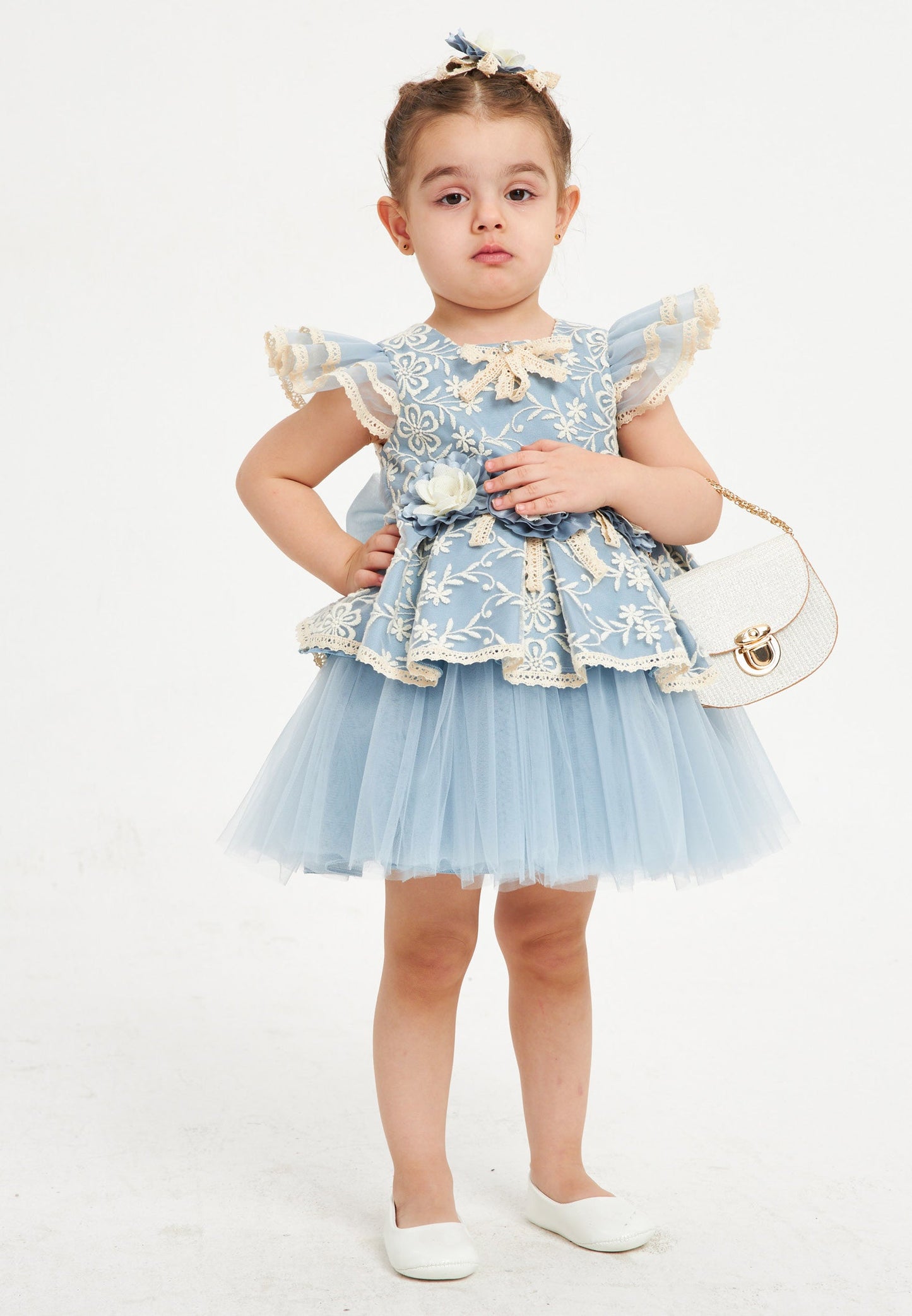 Baby Girl Short Sleeve Tulle Patterned A - Line 1 - 5 Ages Special Occasion Dress Indigo - Unit Price: 41$