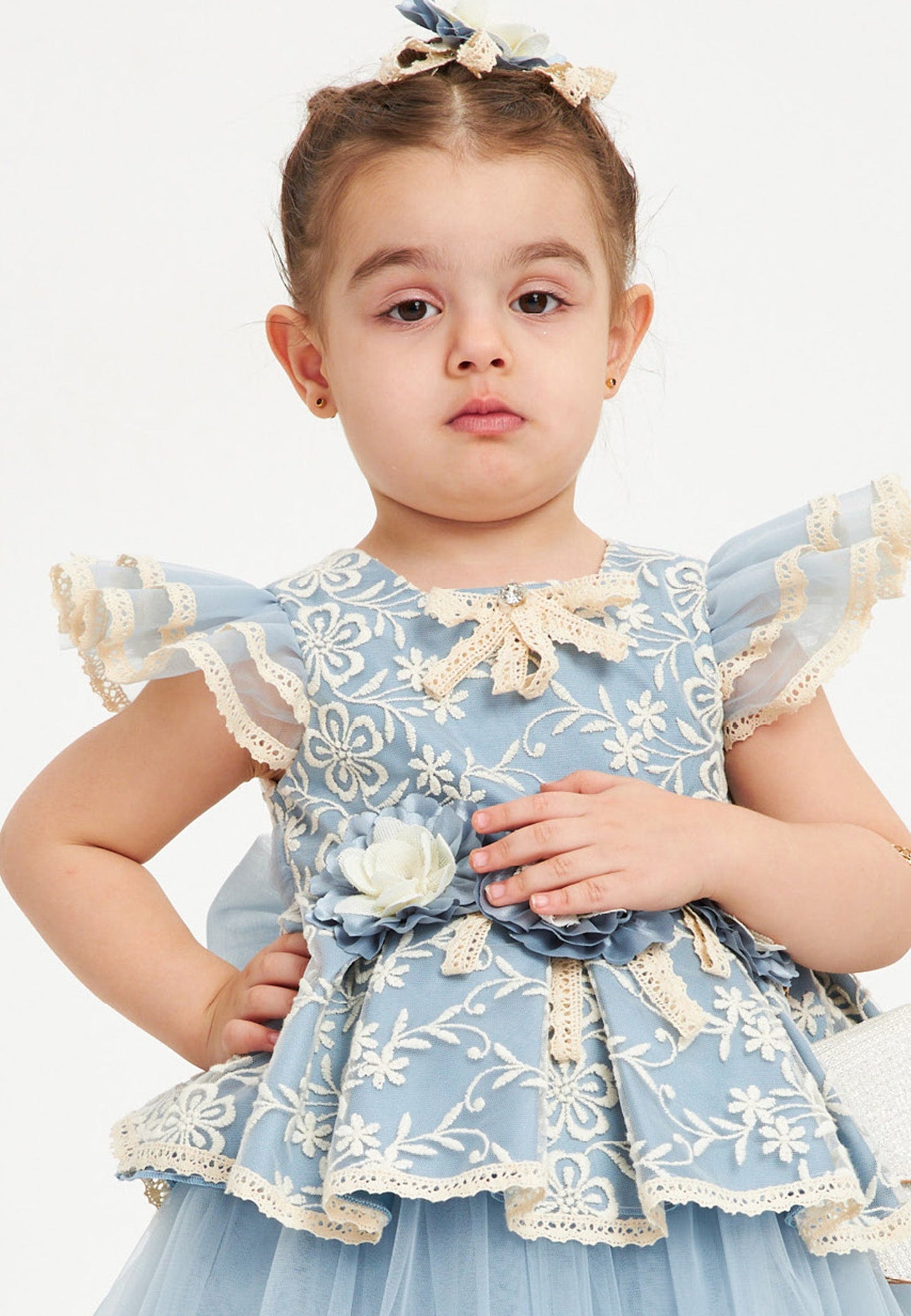 Baby Girl Short Sleeve Tulle Patterned A - Line 1 - 5 Ages Special Occasion Dress Indigo - Unit Price: 41$