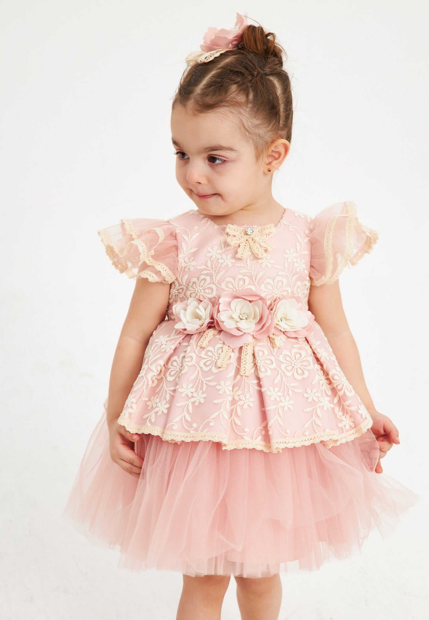 Baby Girl Short Sleeve Tulle Patterned A - Line 1 - 5 Ages Special Occasion Dress Pink - Unit Price: 41$