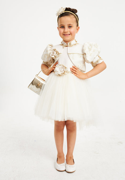 Baby Girl Short Sleeve Tulle Patterned A - Line 4 - 8 Ages Special Occasion Dress Ecru - Unit Price: 39$