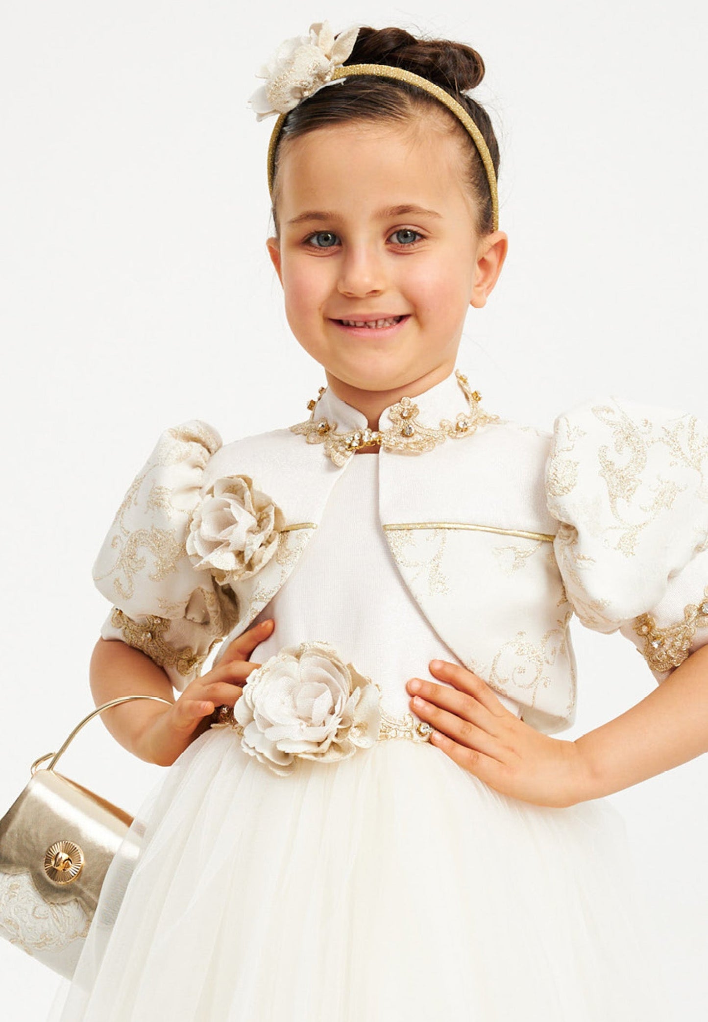 Baby Girl Short Sleeve Tulle Patterned A - Line 4 - 8 Ages Special Occasion Dress Ecru - Unit Price: 39$