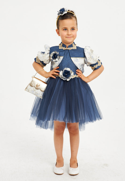 Baby Girl Short Sleeve Tulle Patterned A - Line 4 - 8 Ages Special Occasion Dress Navy - Unit Price: 39$