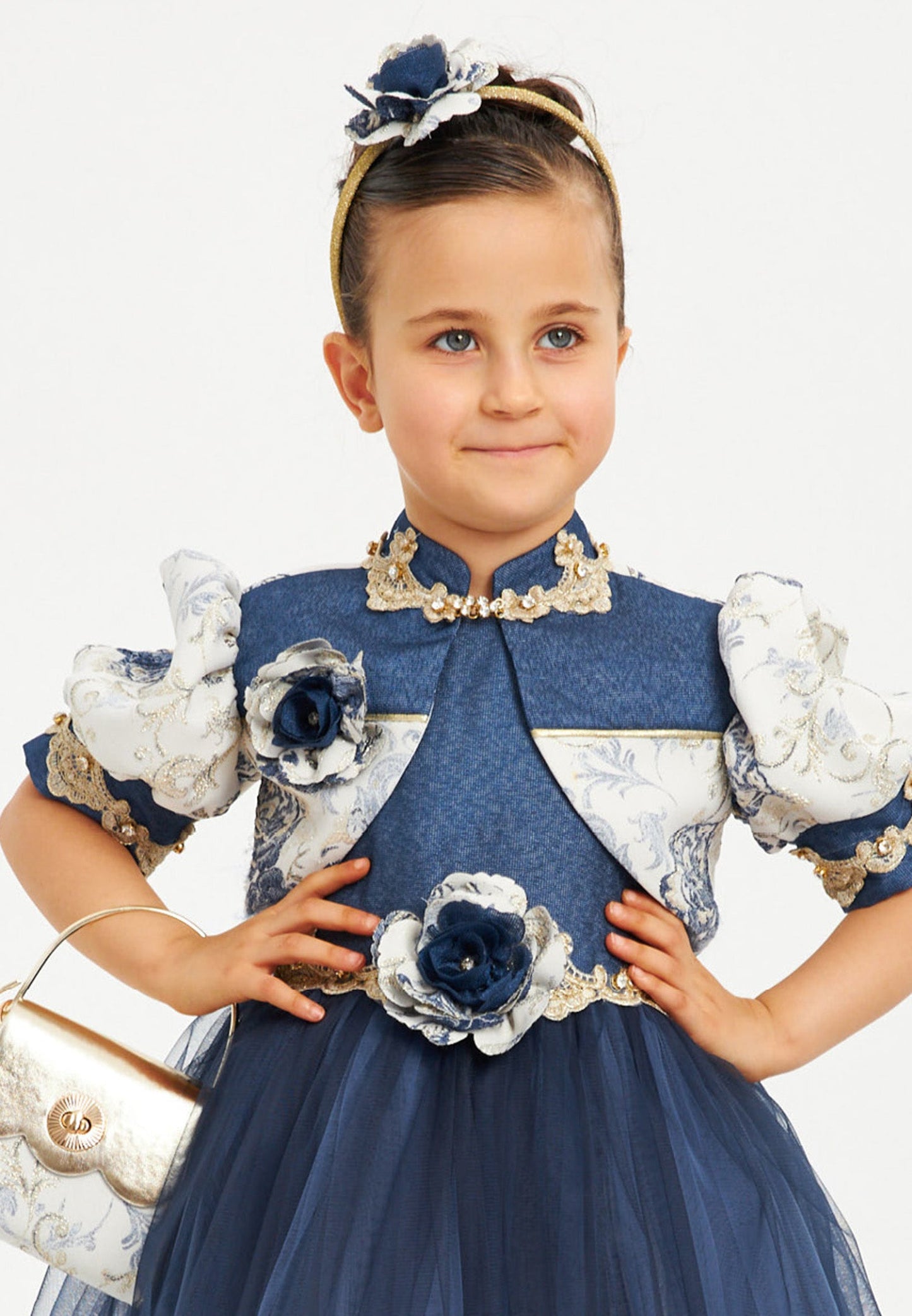 Baby Girl Short Sleeve Tulle Patterned A - Line 4 - 8 Ages Special Occasion Dress Navy - Unit Price: 39$