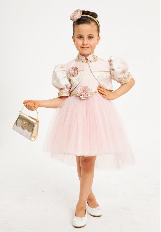 Baby Girl Short Sleeve Tulle Patterned A - Line 4 - 8 Ages Special Occasion Dress Pink - Unit Price: 39$