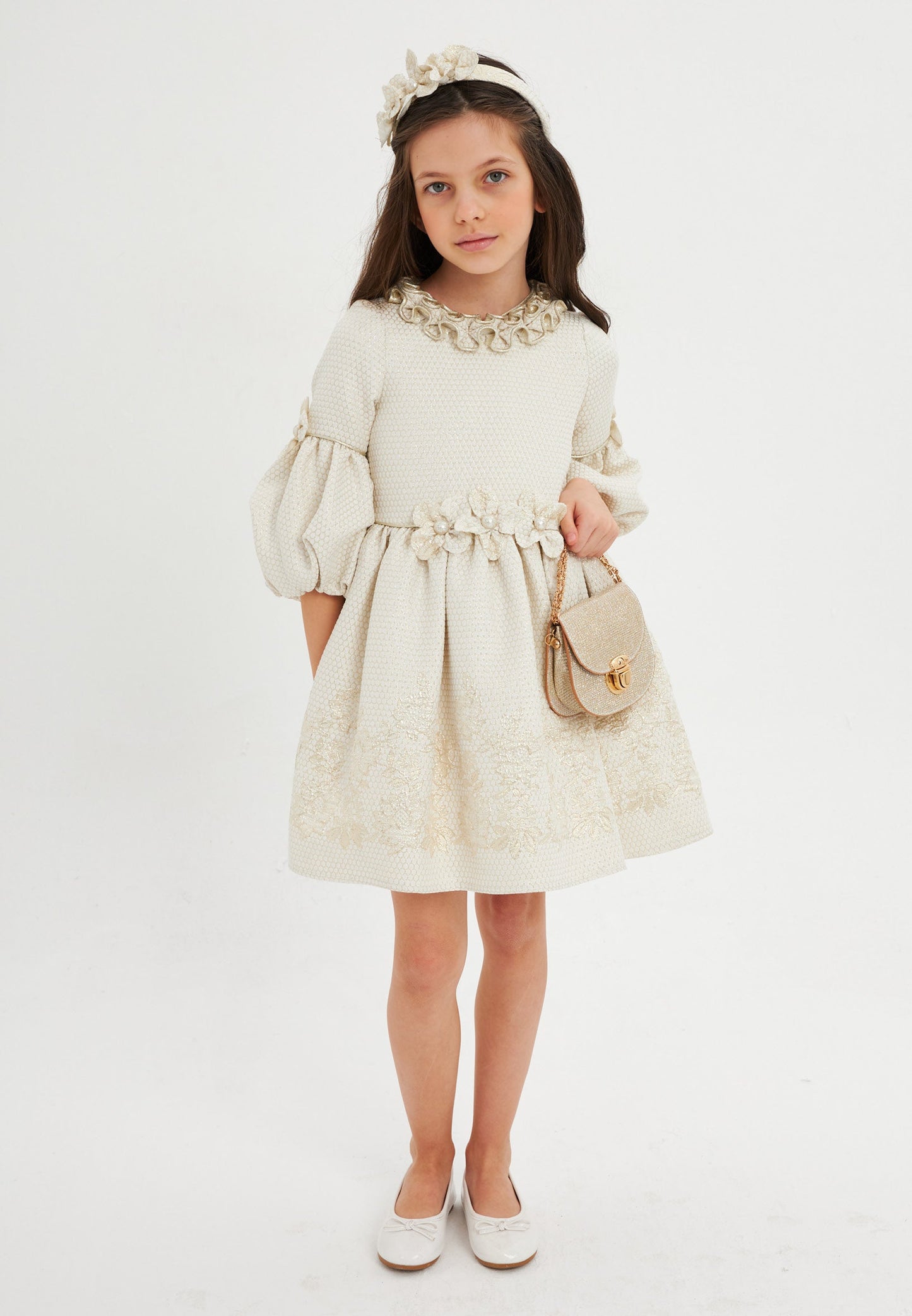 Baby Girl Mid-Length Polyester Patterned A - Line 6 - 10 Ages Special Occasion Dress Ecru - Unit Price: 38$