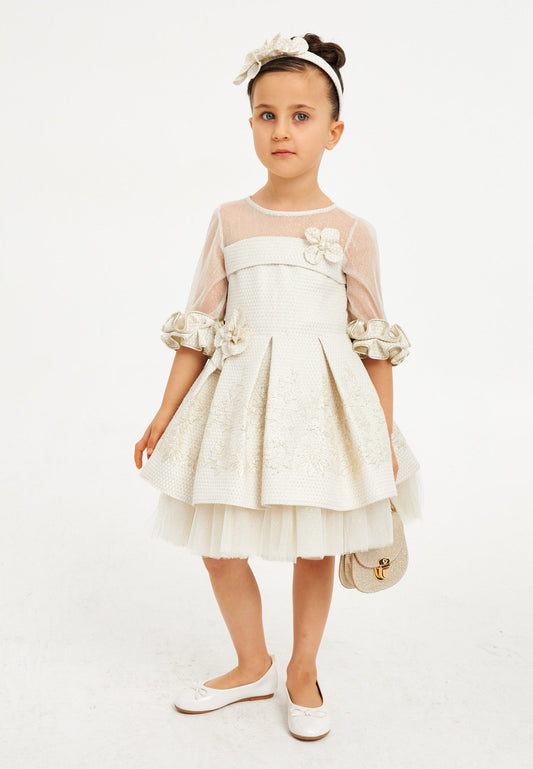 Baby Girl Short Sleeve Tulle Patterned A - Line 4 - 8 Ages Special Occasion Dress Ecru - Unit Price: 43$