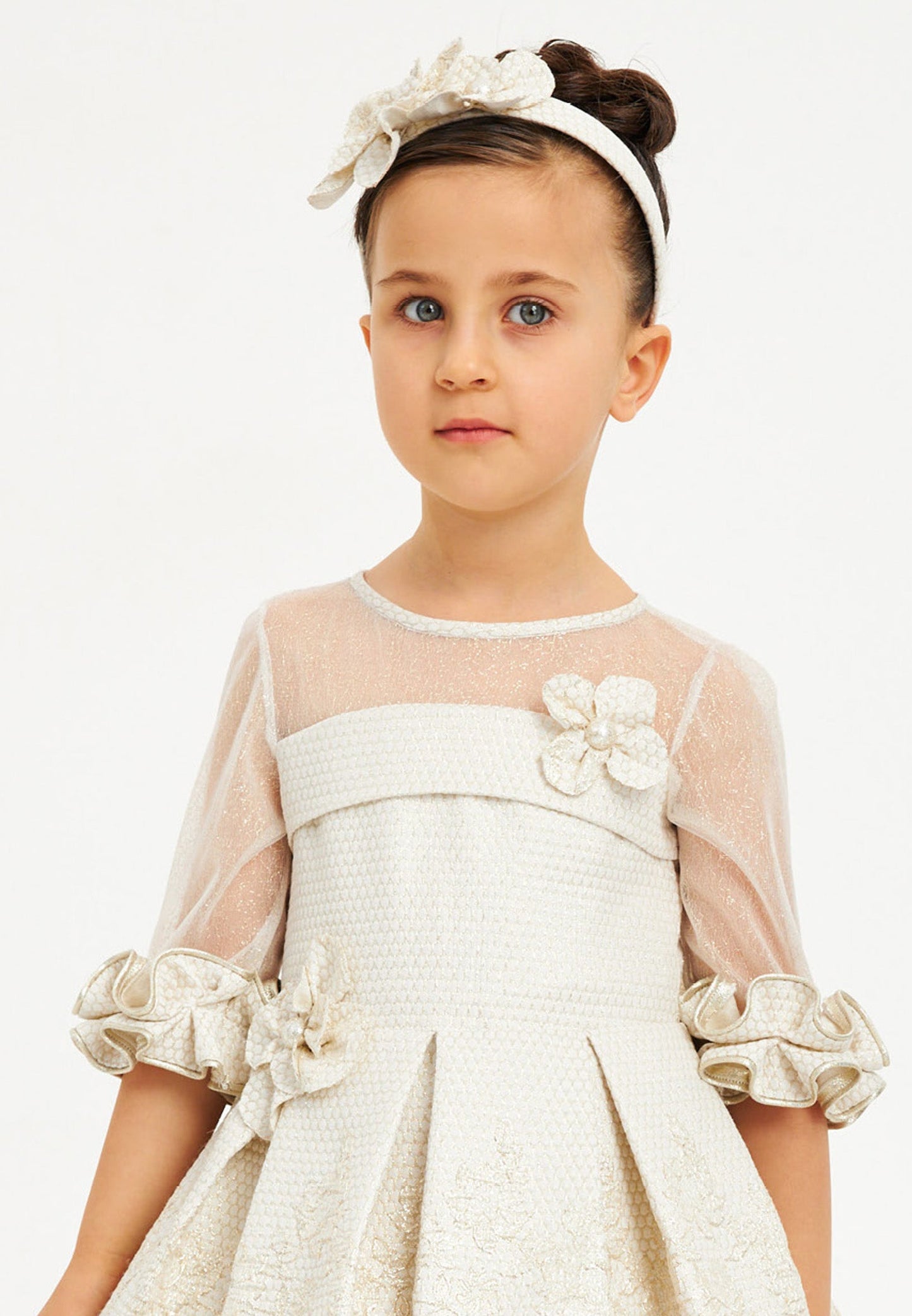 Baby Girl Short Sleeve Tulle Patterned A - Line 4 - 8 Ages Special Occasion Dress Ecru - Unit Price: 43$