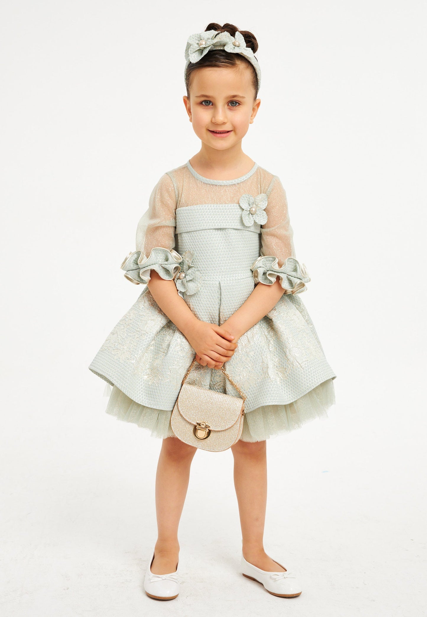 Baby Girl Short Sleeve Tulle Patterned A - Line 4 - 8 Ages Special Occasion Dress Mint - Unit Price: 43$