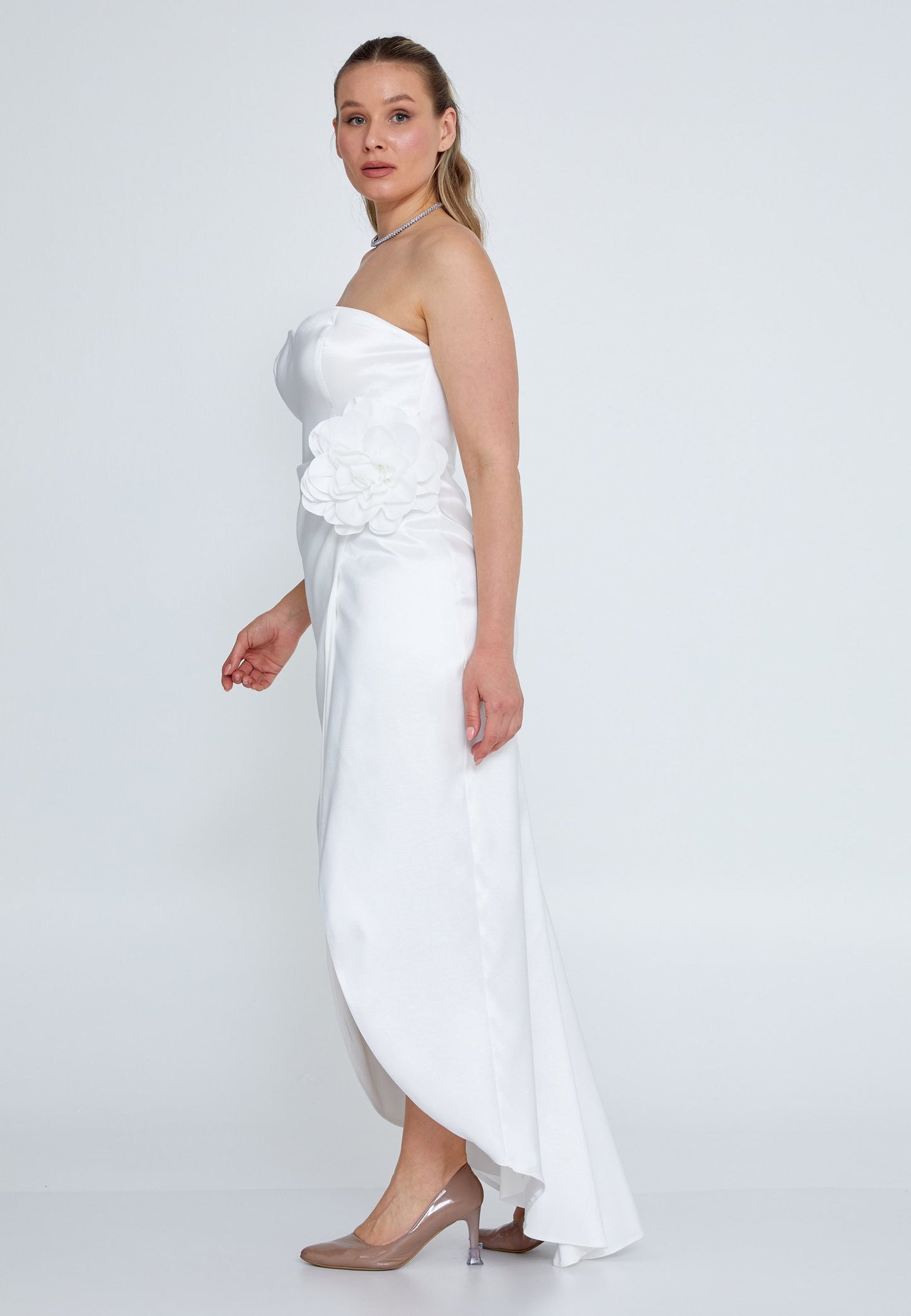 Strapless Maxi Tulle Column Plus Size Wedding Guest Dress White - Unit Price: 83$