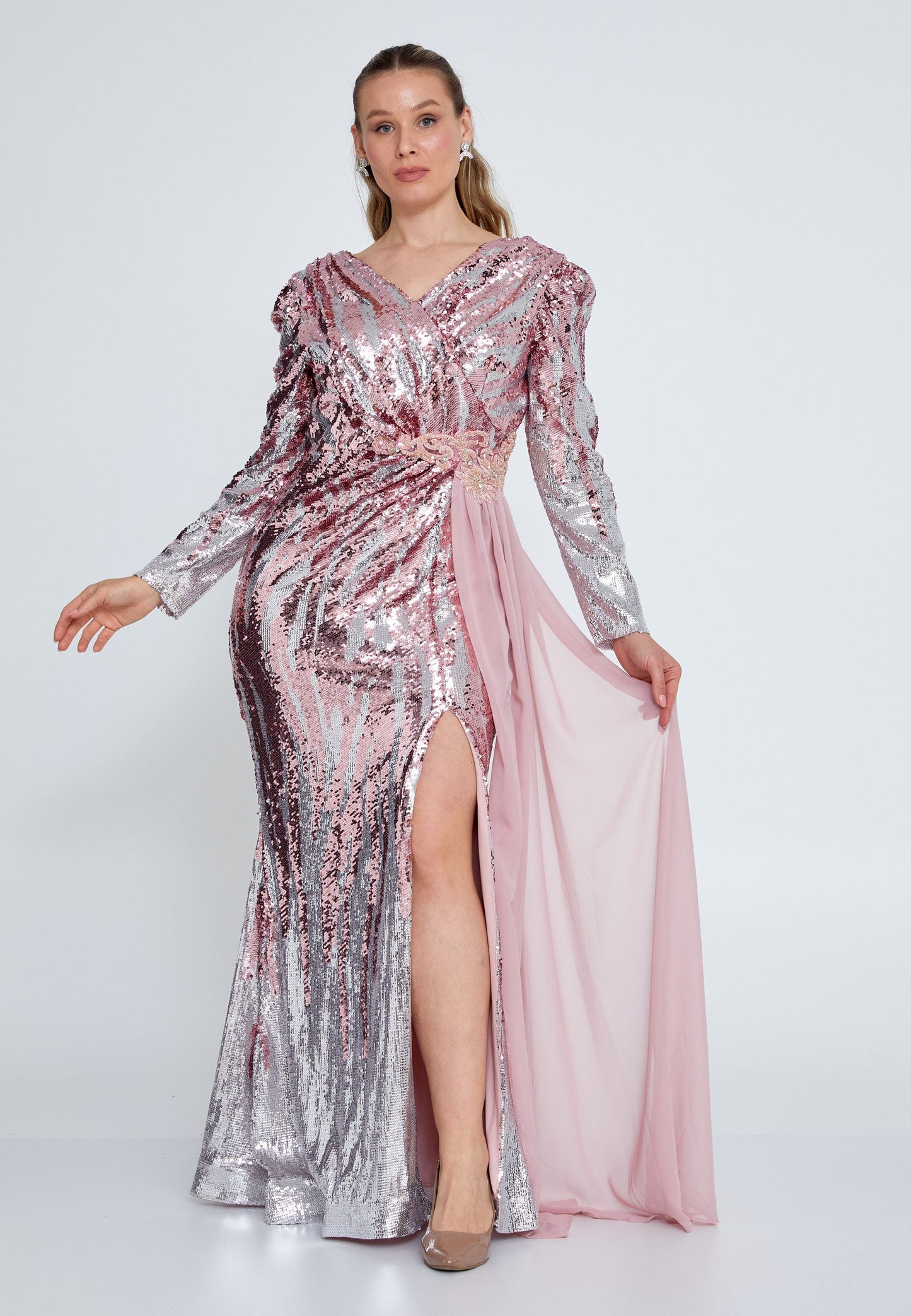 Long Sleeve Maxi Sequin Mermaid Plus Size Wedding Guest Dress Powder Pink-Silver - Unit Price: 70$