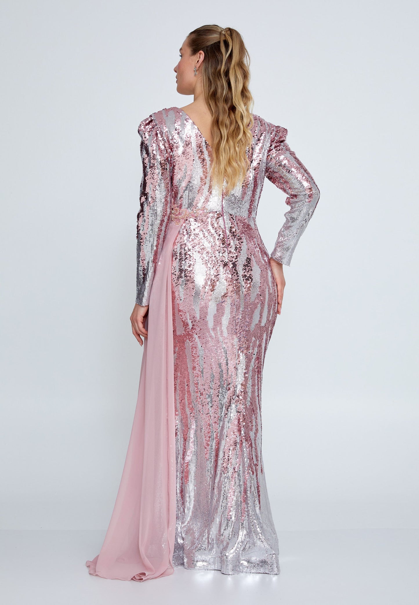 Long Sleeve Maxi Sequin Mermaid Plus Size Wedding Guest Dress Powder Pink-Silver - Unit Price: 70$