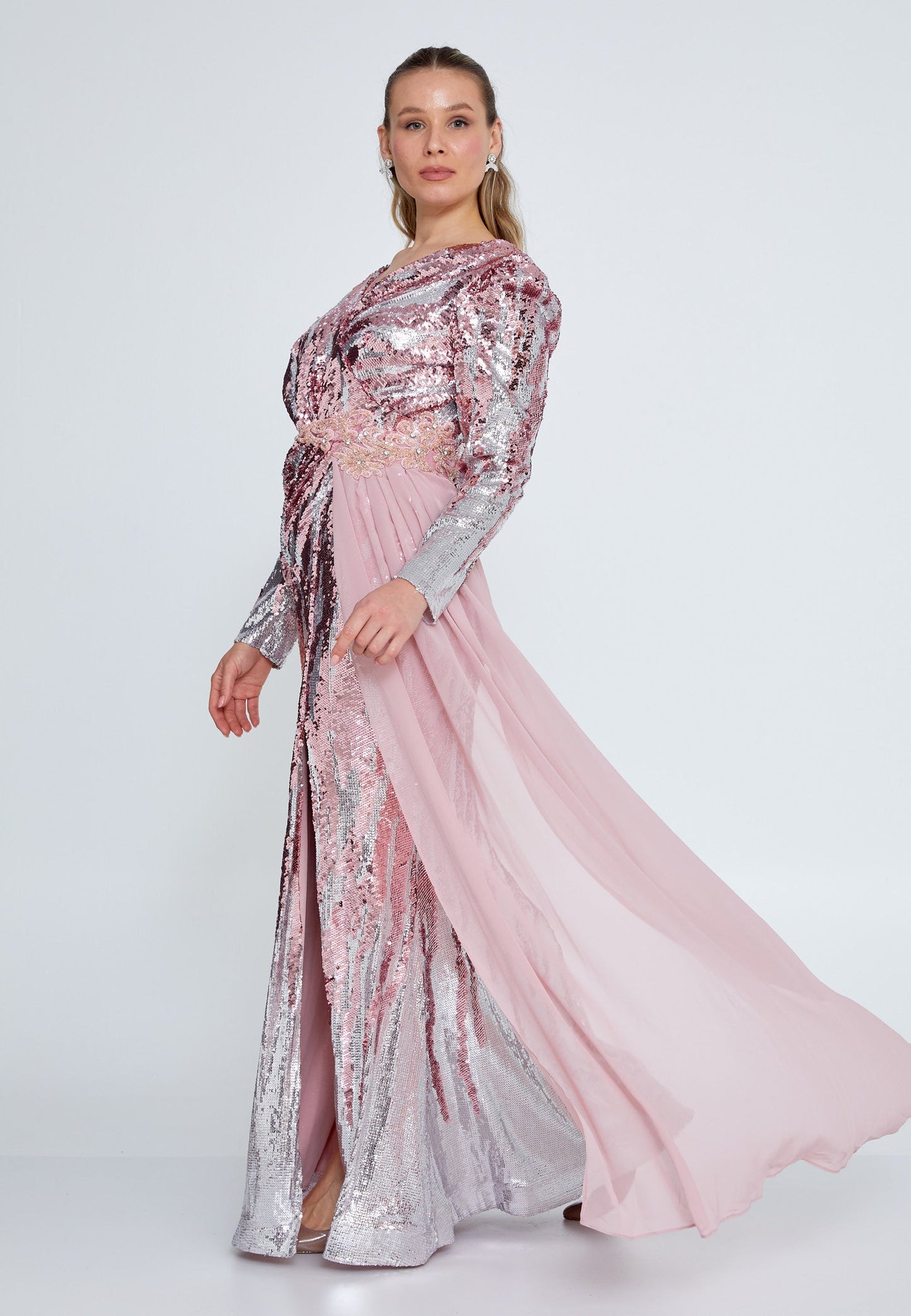 Long Sleeve Maxi Sequin Mermaid Plus Size Wedding Guest Dress Powder Pink-Silver - Unit Price: 70$