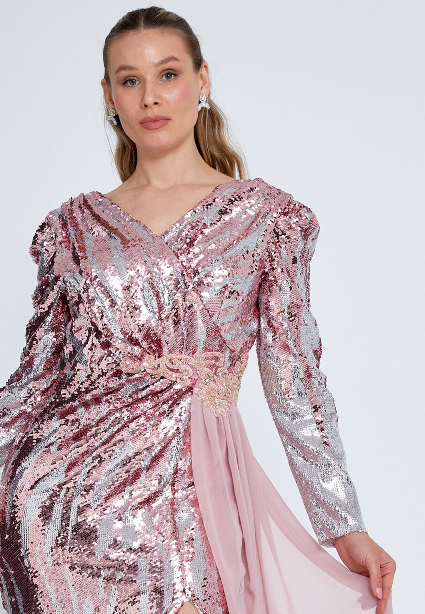 Long Sleeve Maxi Sequin Mermaid Plus Size Wedding Guest Dress Powder Pink-Silver - Unit Price: 70$