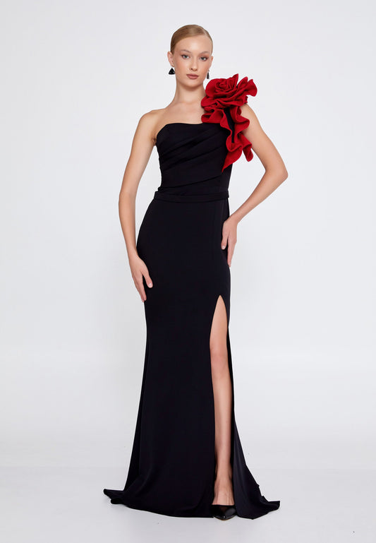 One Shoulder Maxi Viscose Mermaid Regular Wedding Guest Dress Black-Red - Unit Price: 110$