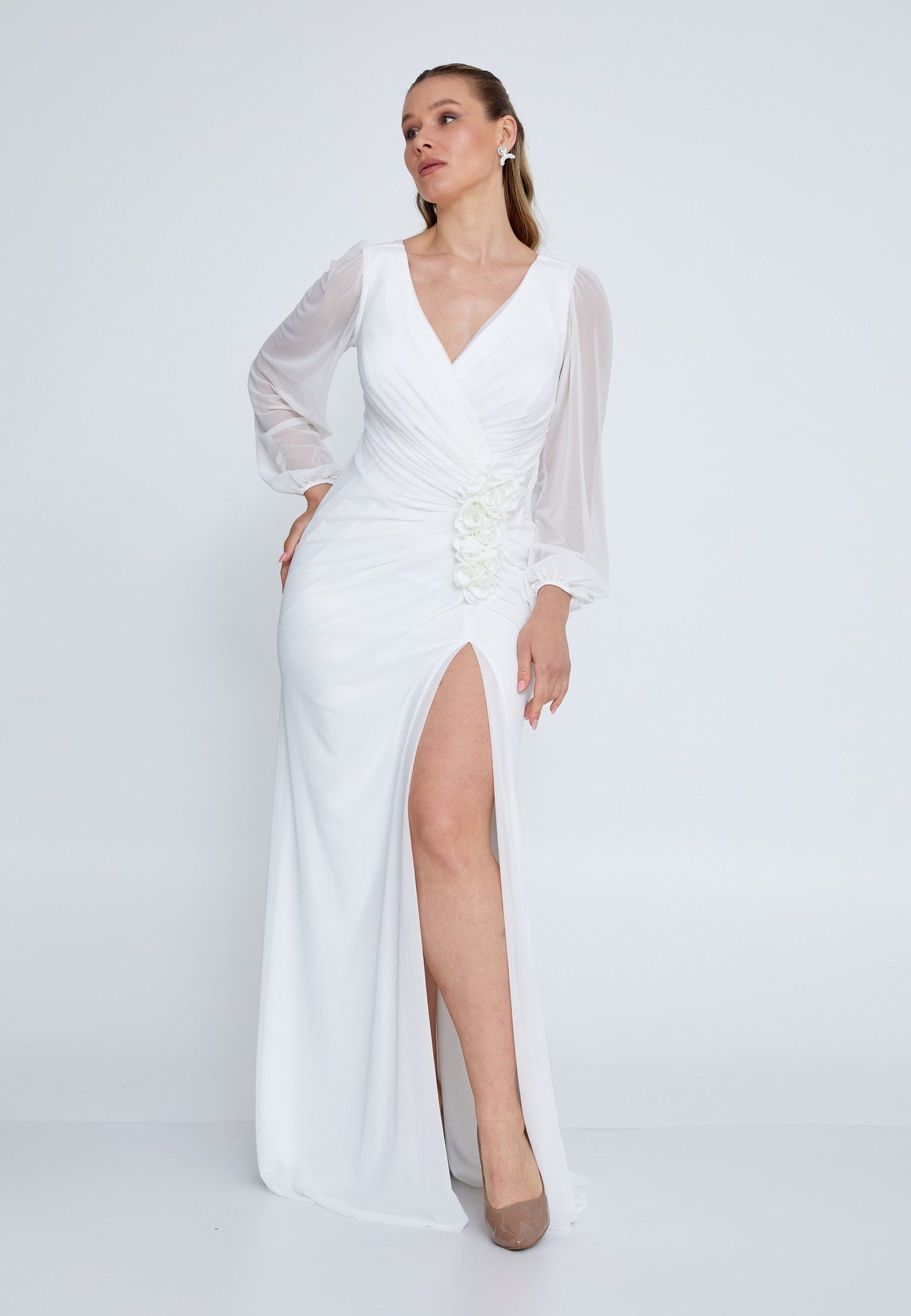 Long Sleeve Maxi Lycra Mermaid Plus Size Wedding Guest Dress Ivory - Unit Price: 92$