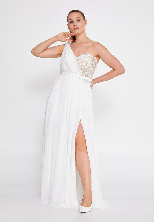 One Shoulder Maxi Chiffon Column Plus Size Wedding Guest Dress White - Unit Price: 103$